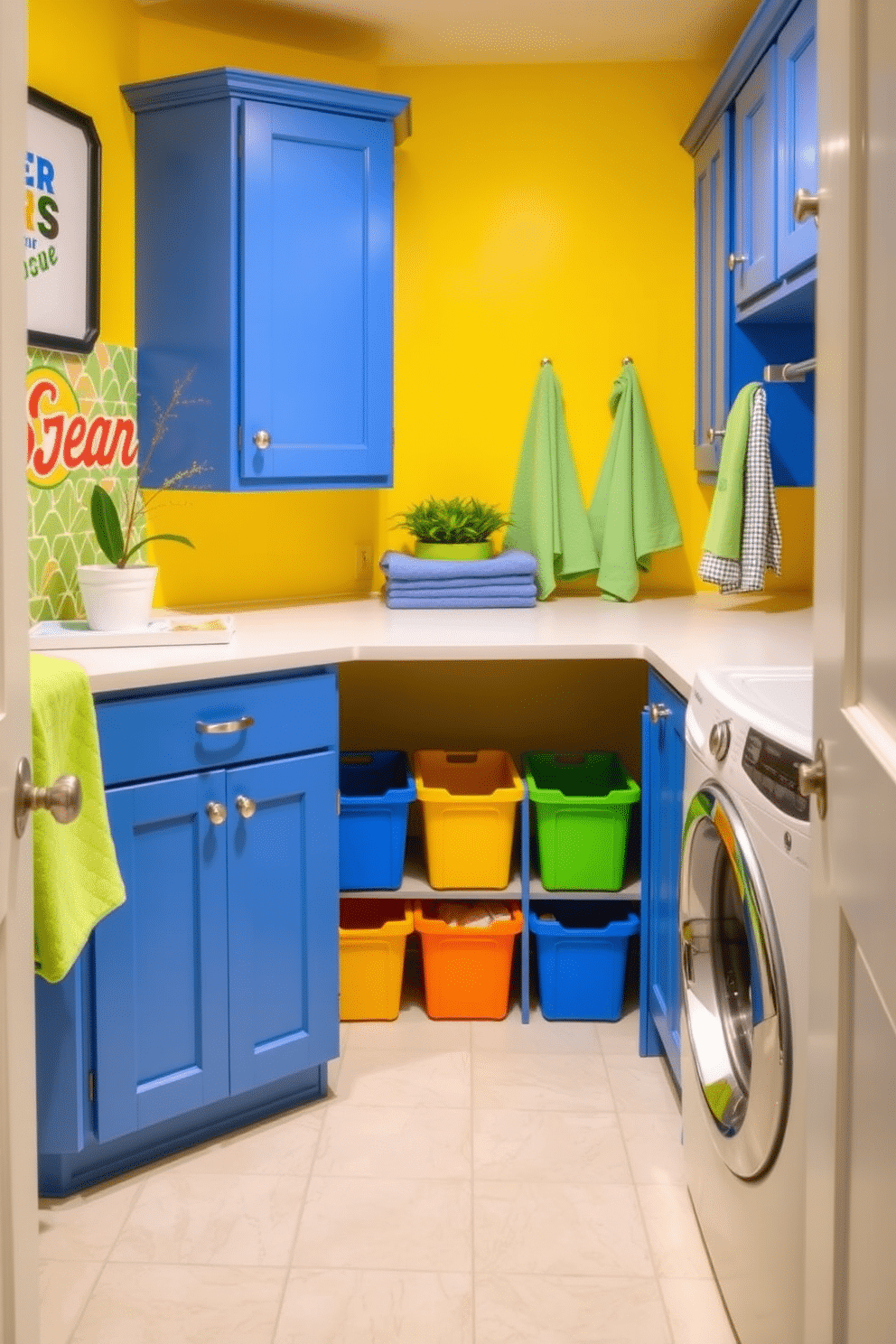 A vibrant basement laundry room filled with bright colors to create a cheerful atmosphere. The walls are painted in a sunny yellow, complemented by bold blue cabinetry and a playful patterned backsplash. A large, white countertop provides ample space for folding laundry, with colorful storage bins neatly arranged underneath. Bright green accents, such as a potted plant and decorative towels, add a touch of freshness to the space.