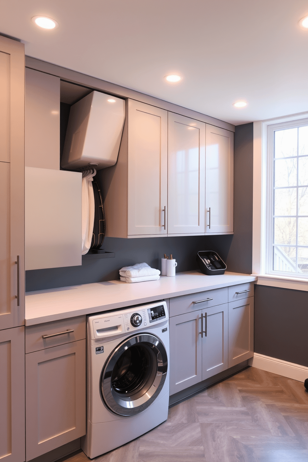 A modern basement laundry room featuring a built-in laundry chute for easy access from upstairs. The room is designed with sleek cabinetry, a spacious countertop for folding clothes, and a bright, airy feel from large windows that let in natural light.