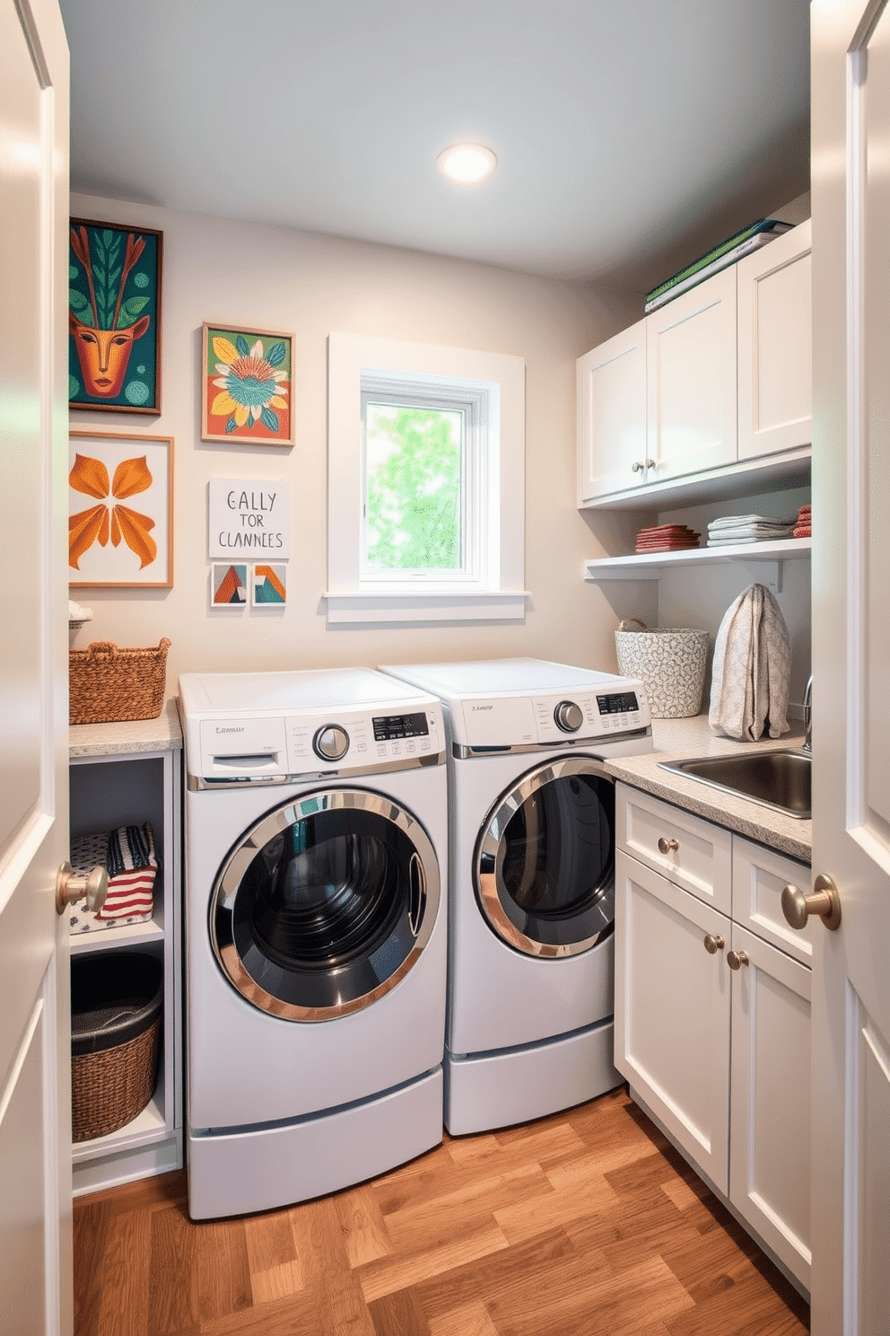 A stylish basement laundry room featuring personalized artwork that adds character to the space. The walls are adorned with vibrant, custom pieces that reflect the homeowner's personality, while a sleek, modern washer and dryer are integrated into custom cabinetry for a seamless look. The room is designed with ample storage, including open shelves for laundry essentials and a folding area with a chic countertop. Natural light floods in through a small window, enhancing the inviting atmosphere and making laundry day feel less like a chore.