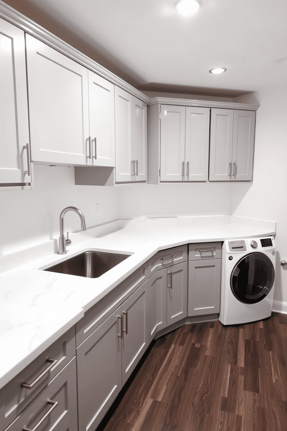 A modern basement laundry room features sleek, white quartz countertops that provide a clean and minimalist aesthetic. Below the countertops, ample cabinetry in a soft gray finish offers stylish storage solutions, while a large, stainless steel sink adds functionality. The walls are painted in a light, airy color to enhance the sense of space, and the floor is covered with durable, dark vinyl planks for easy maintenance. Task lighting above the countertops illuminates the area, creating a bright and inviting atmosphere for laundry chores.