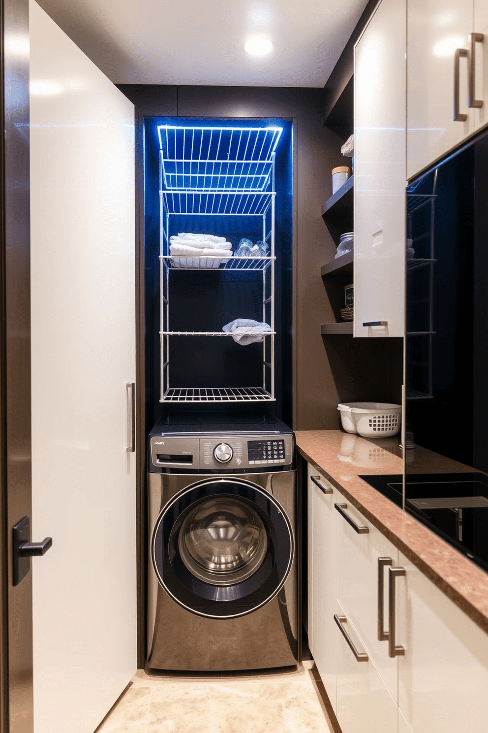 A modern basement laundry room featuring an efficient drying rack seamlessly integrated into the cabinetry. The space is brightened by soft LED lighting, with sleek storage solutions and a stylish countertop for folding clothes.