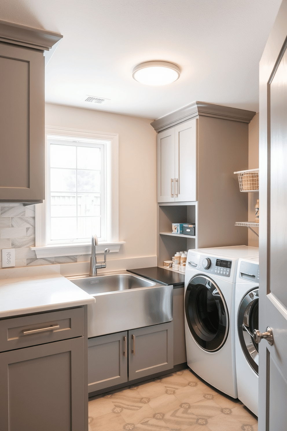 A stylish basement laundry room features a dedicated pet washing station, equipped with a stainless steel tub and a handheld showerhead for easy cleaning. The space is designed with practical cabinetry in a soft gray finish, complemented by a durable countertop that provides ample folding space. Natural light floods the room through a window, highlighting the elegant tile backsplash that adds a touch of sophistication. To enhance functionality, the laundry area includes a stacked washer and dryer, with organized storage solutions for laundry supplies and pet care essentials.