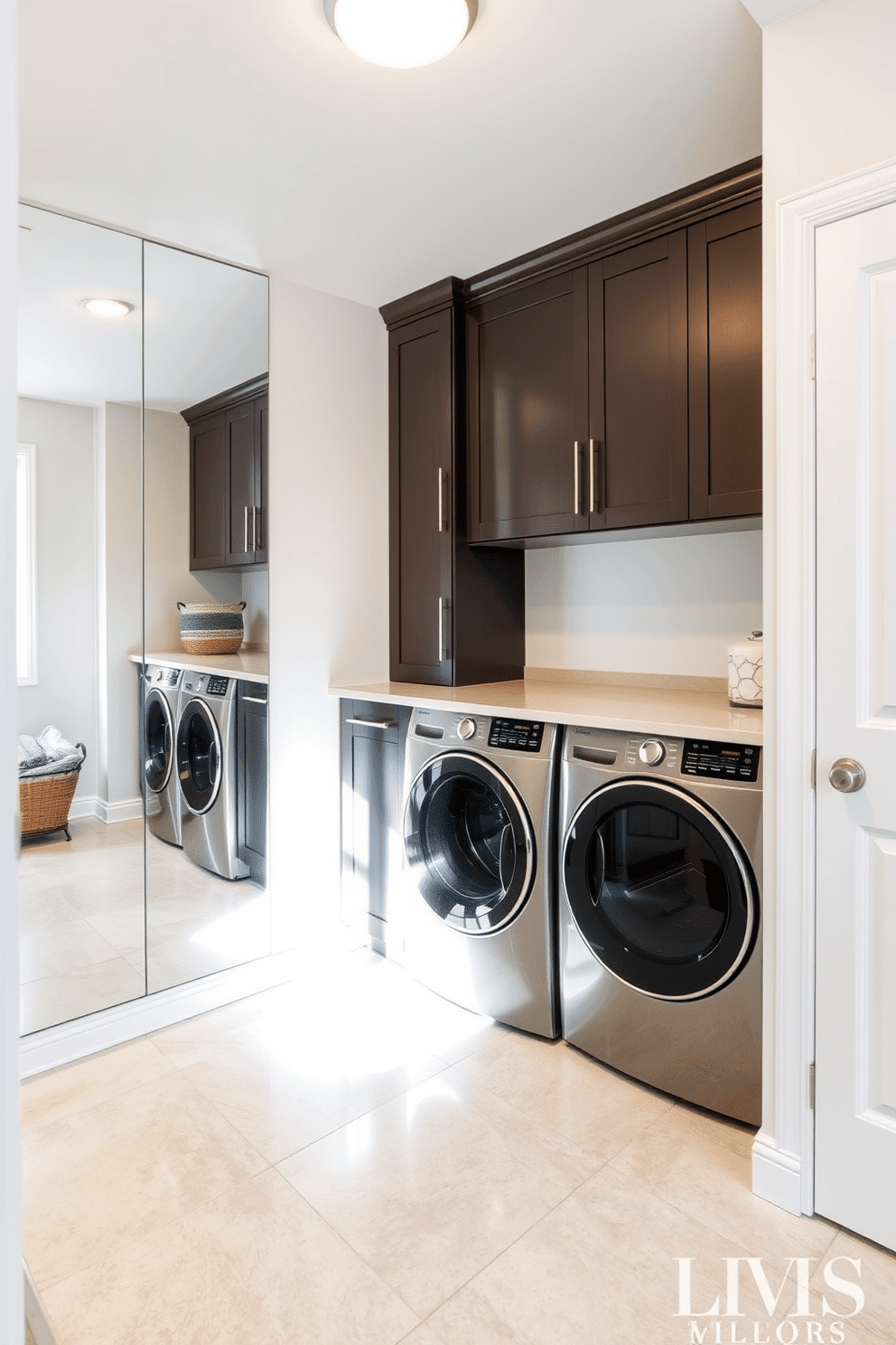 A basement laundry room designed with large, strategically placed mirrors enhances the sense of space and light, making the area feel more open and inviting. The walls are painted in a soft, neutral tone, while the flooring features durable, water-resistant tiles that blend style with functionality. Incorporate sleek cabinetry with a modern finish to provide ample storage for laundry essentials, keeping the space organized and clutter-free. A stylish countertop, ideally in a contrasting color, offers a practical area for folding clothes and can be complemented by decorative baskets for added texture and warmth.