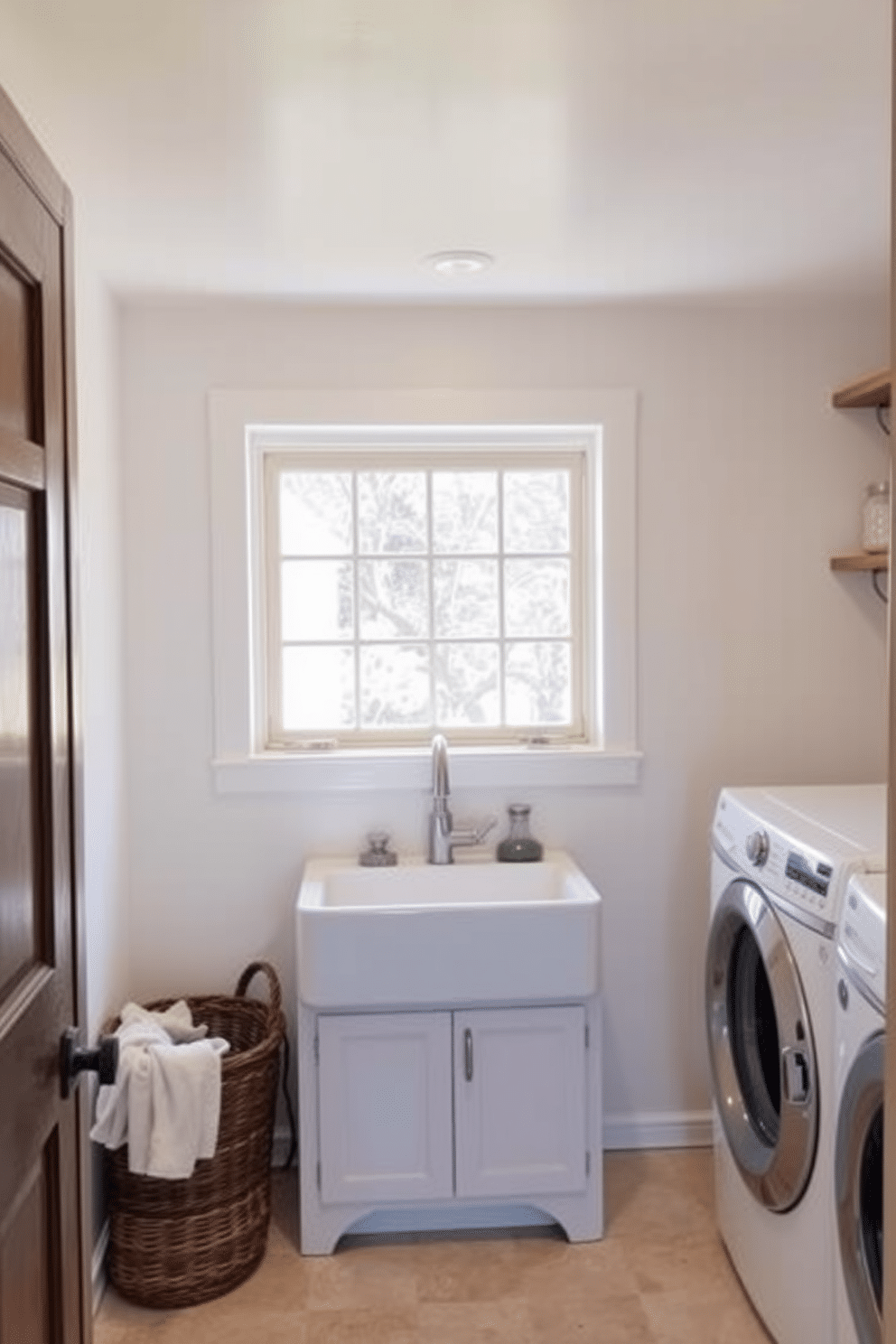 A cozy basement laundry room features a farmhouse sink positioned beneath a large, sunlit window. The walls are painted a soft white, and rustic wood shelves above the sink display neatly folded towels and decorative jars. The space is accented with a vintage-style washing machine and dryer, both in a muted pastel color. A woven basket sits beside the sink, filled with freshly laundered linens, adding a touch of warmth and charm to the room.