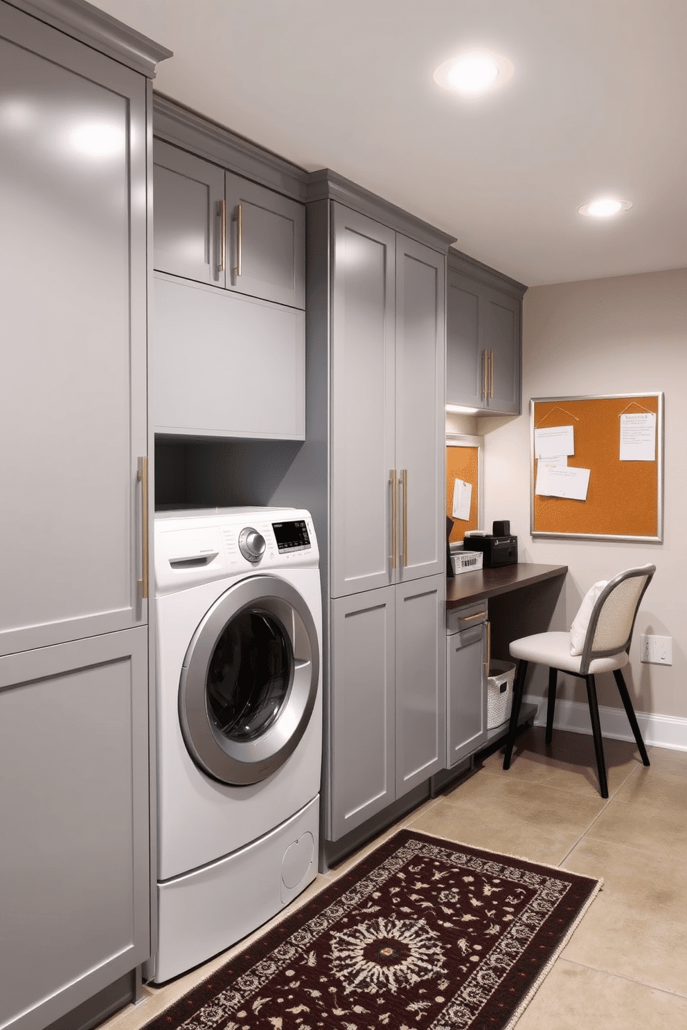 A stylish basement laundry room with a small desk for organization. The space features a modern washer and dryer stacked side by side, surrounded by sleek cabinetry in a soft gray finish. The desk is positioned against the wall, equipped with storage bins and a corkboard for notes and reminders. Bright, recessed lighting illuminates the room, while a decorative rug adds warmth to the polished concrete floor.