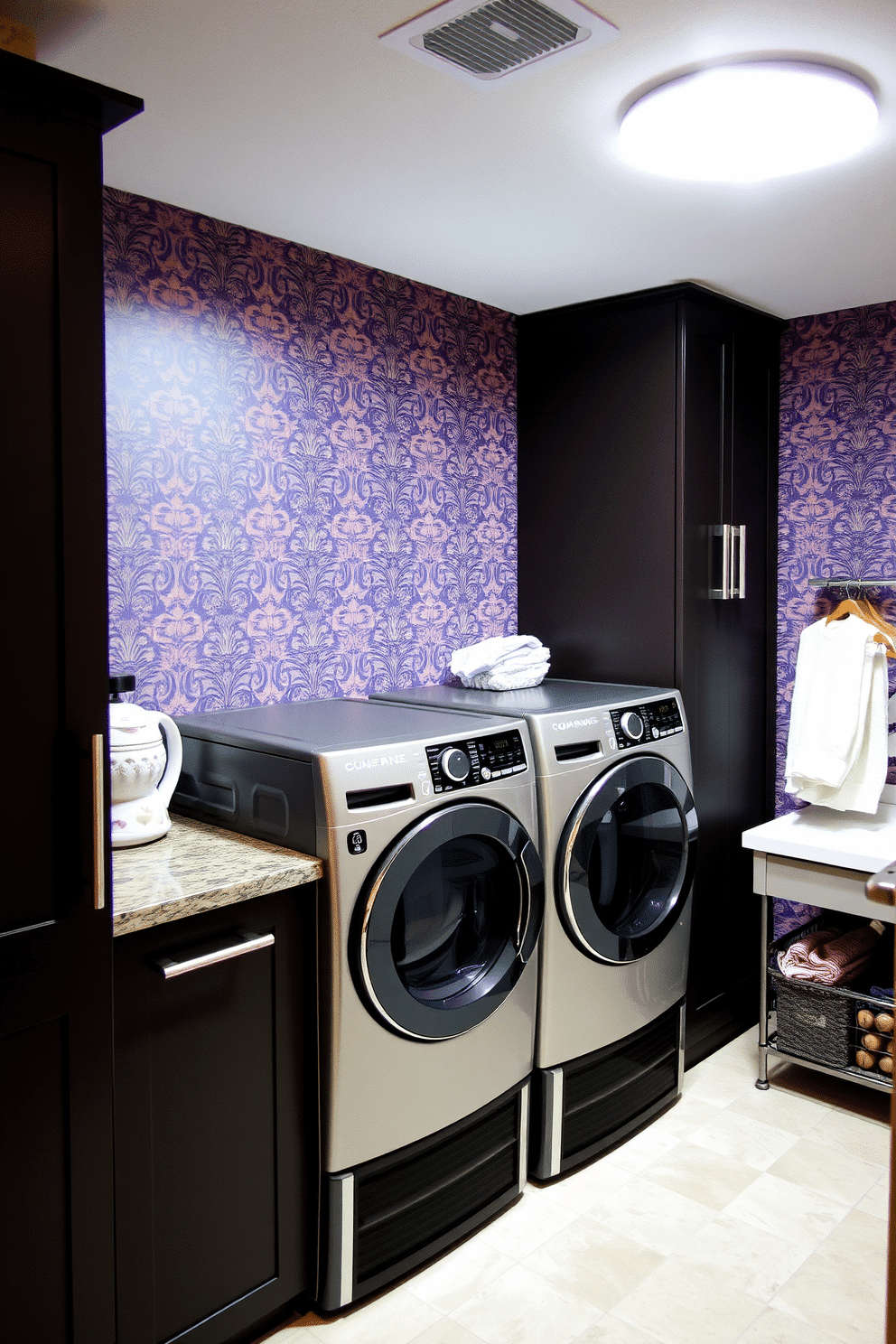 A stunning basement laundry room featuring a bold accent wall adorned with intricate wallpaper design, creating a vibrant focal point. The room is equipped with modern appliances, including a sleek washer and dryer, complemented by ample storage solutions and a stylish countertop for folding clothes.