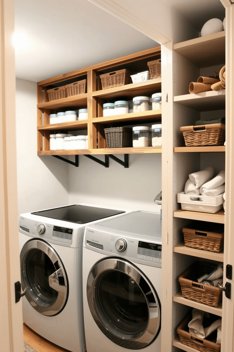 A functional basement laundry room featuring open shelving for easy access to supplies. The shelves are made of reclaimed wood, providing a rustic charm, while neatly organized baskets and jars store laundry essentials.