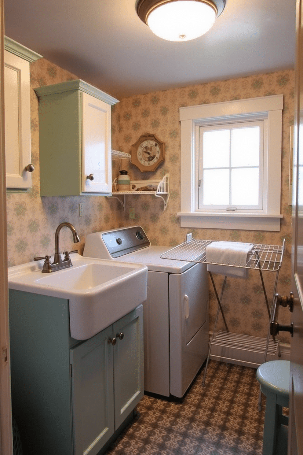 A cozy basement laundry room featuring vintage-inspired fixtures that exude charm and character. The room includes a classic farmhouse sink with a brushed nickel faucet, paired with retro-style cabinetry painted in soft pastel hues. The walls are adorned with patterned wallpaper that adds a touch of nostalgia, while the flooring consists of durable, patterned vinyl tiles for easy maintenance. A vintage drying rack is positioned near a window, allowing natural light to brighten the space.