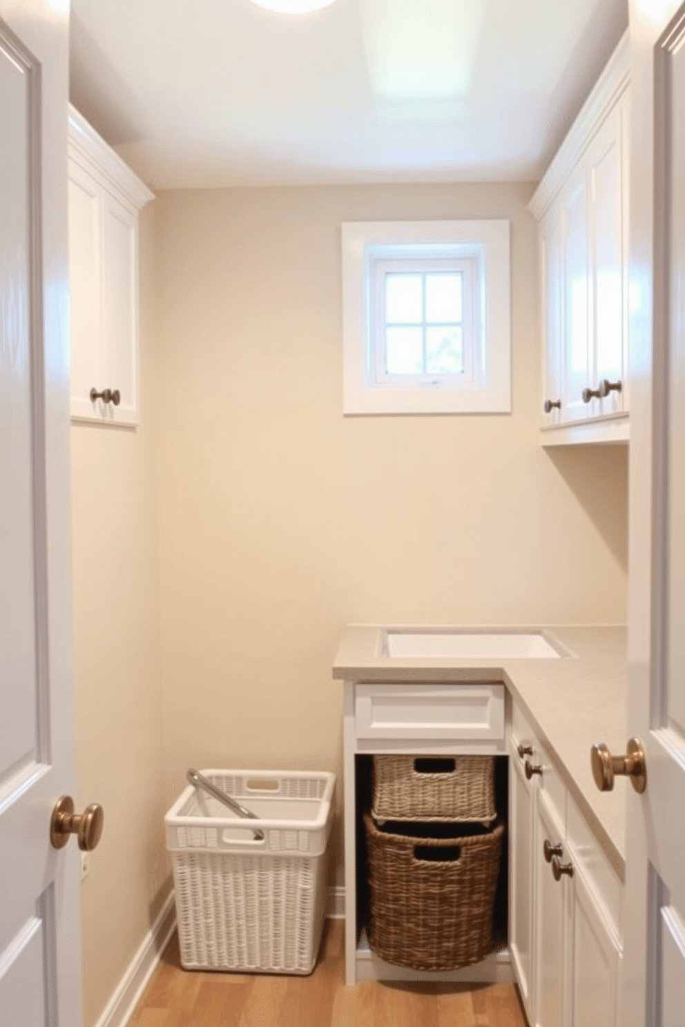 A serene basement laundry room designed with a neutral color palette. The walls are painted in soft beige, complemented by white cabinetry and a light gray countertop. A spacious laundry sink is positioned against the wall, with stylish storage baskets neatly organized below. Natural light filters in through a small window, creating a bright and inviting atmosphere.