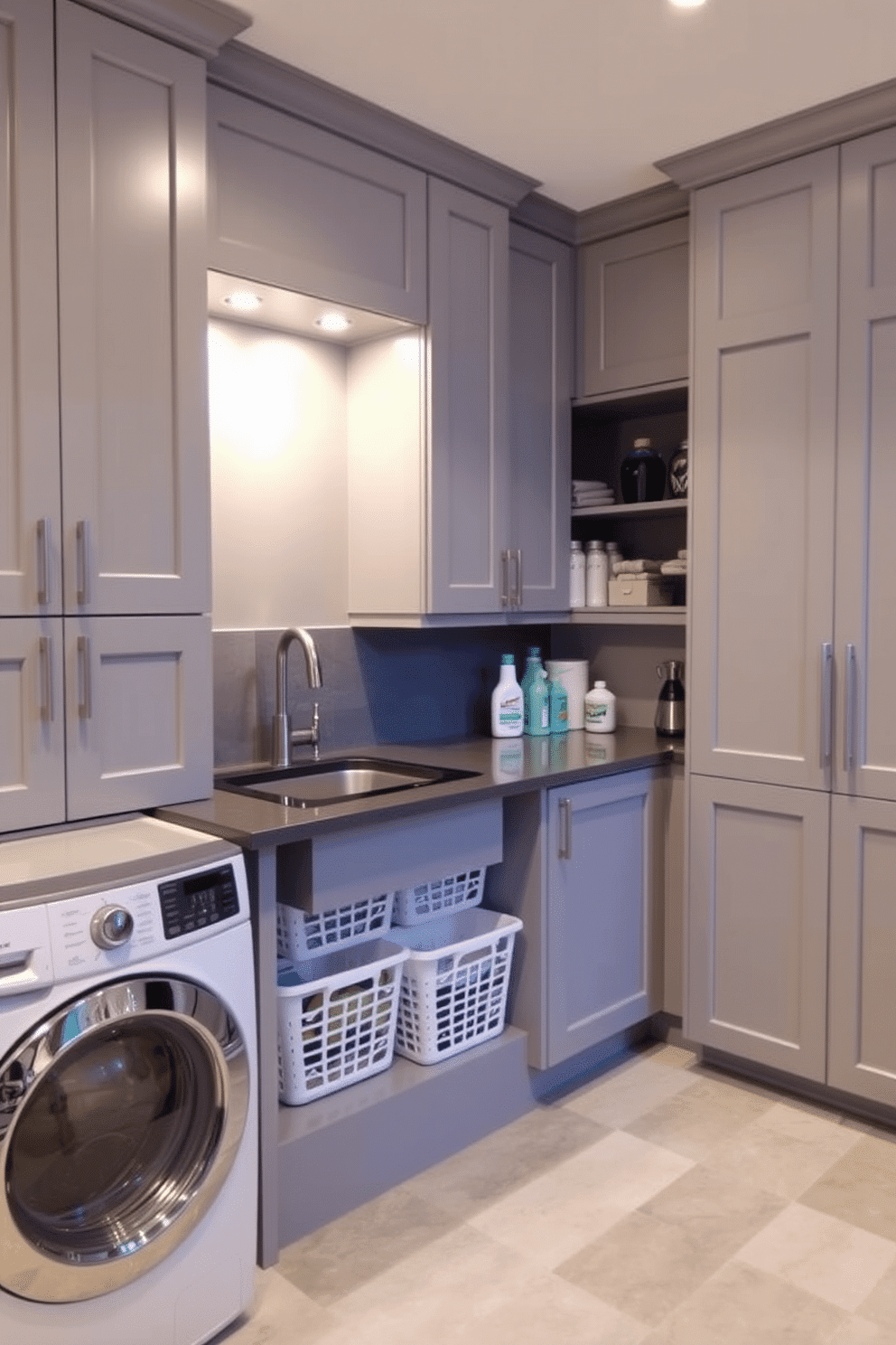 A modern basement laundry room features sleek cabinetry with integrated laundry baskets, providing a seamless and organized look. The cabinetry is painted in a soft gray tone, complemented by brushed nickel hardware, while the countertop above offers ample space for folding clothes. In the corner, a utility sink is installed within the cabinetry, surrounded by stylish storage solutions for detergents and cleaning supplies. Soft, ambient lighting illuminates the space, enhancing the clean lines and functionality of this efficient laundry area.