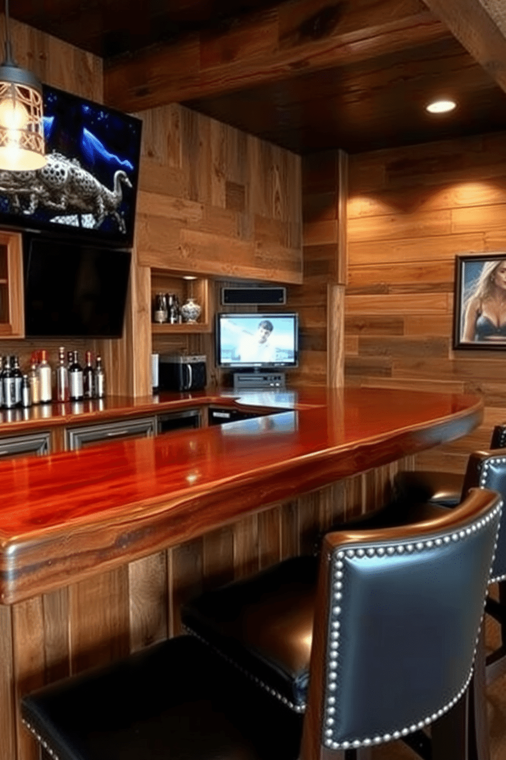 A rustic wooden bar with polished surfaces is the centerpiece of the basement man cave. Surrounding the bar are high-backed stools upholstered in dark leather, providing a cozy yet stylish seating option. The walls are adorned with reclaimed wood paneling, giving the space a warm, inviting feel. A large flat-screen TV is mounted above the bar, perfect for watching sports or movies with friends.