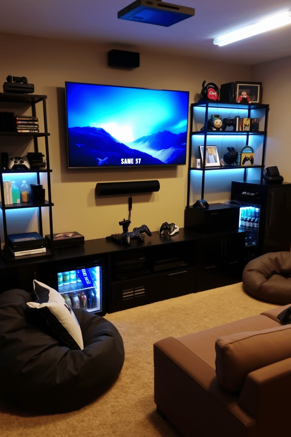 A stylish gaming console station is set up in a cozy basement man cave. The focal point is a large flat-screen TV mounted on the wall, surrounded by sleek black shelves filled with gaming accessories and collectibles. Comfortable seating options include a plush sectional sofa and a couple of bean bags, all arranged to create an inviting atmosphere. Soft LED strip lighting enhances the mood, while a mini-fridge stocked with drinks adds convenience for long gaming sessions.