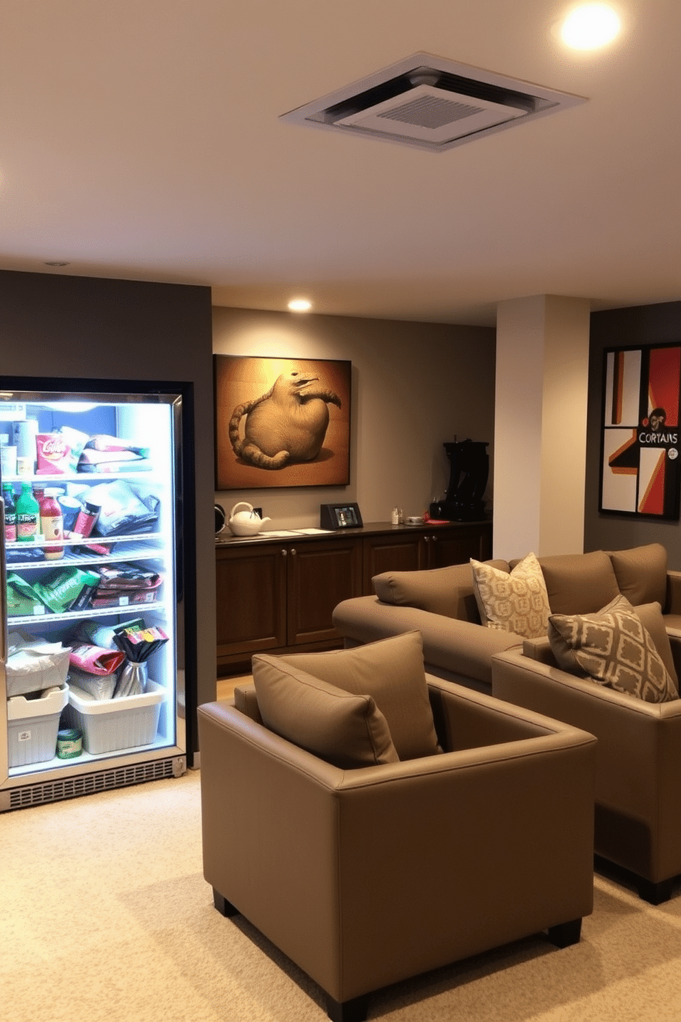 A cozy basement man cave featuring a mini fridge stocked with an assortment of snacks and drinks. The space is designed with comfortable seating, including a large sectional sofa and a couple of stylish armchairs, creating an inviting atmosphere for relaxation and entertainment.