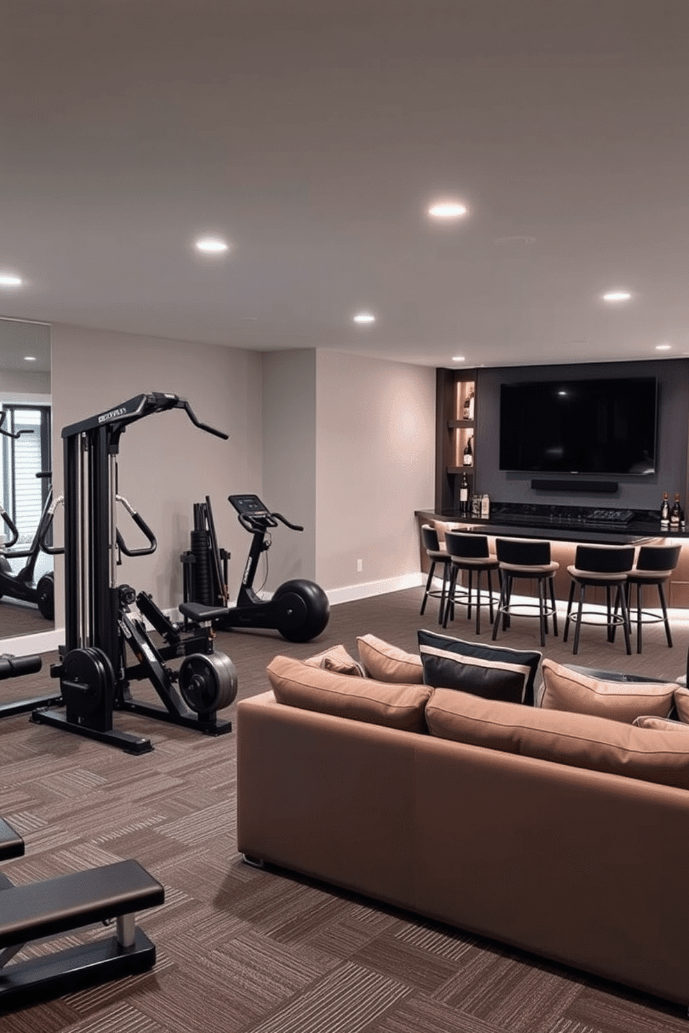 A modern home gym featuring state-of-the-art workout equipment. The space includes a variety of machines, free weights, and a large mirror on one wall to enhance the feeling of openness. The basement man cave is designed for relaxation and entertainment. It features a plush sectional sofa, a large flat-screen TV mounted on the wall, and a stylish bar area with high stools and ambient lighting.