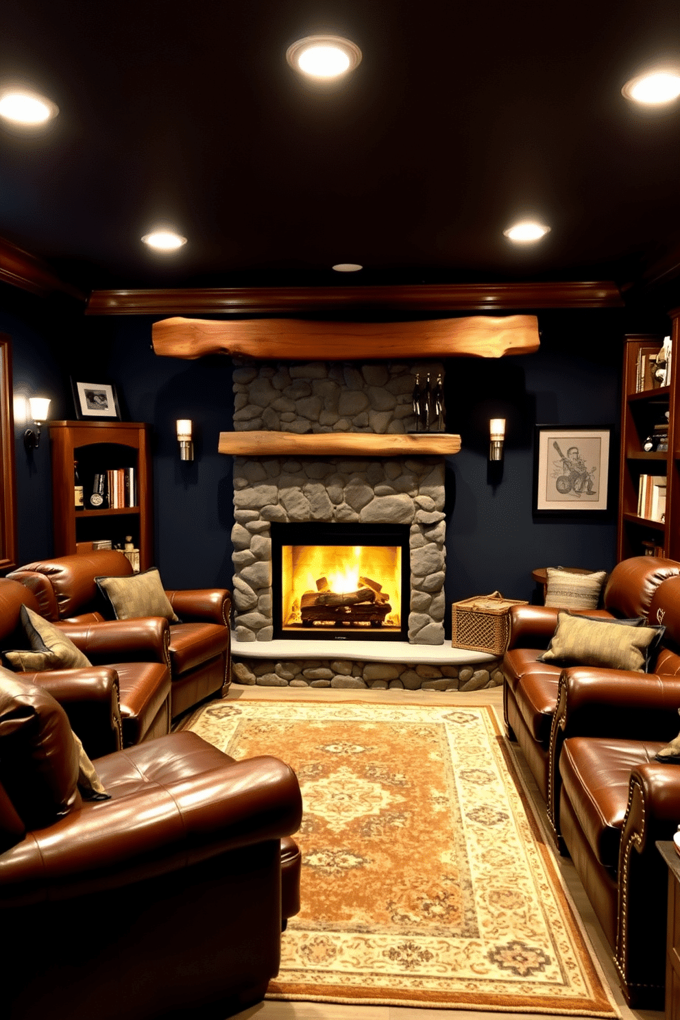 A cozy basement man cave featuring a stone fireplace as the focal point, surrounded by a rustic wooden mantel. The space is adorned with plush leather seating and rich, dark wood accents, creating a warm and inviting atmosphere. Soft, ambient lighting enhances the ambiance, casting a gentle glow over the walls painted in deep navy blue. A large area rug anchors the seating area, while shelves filled with books and memorabilia add a personal touch to the design.