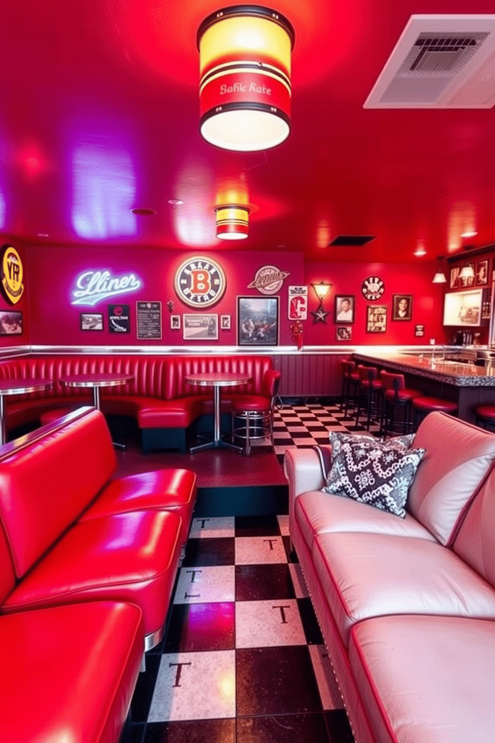 A vibrant retro diner-style seating arrangement featuring bright red leather booths with chrome accents. The floor is checkered black and white, and neon signs illuminate the walls, creating a nostalgic atmosphere. An inviting basement man cave designed for relaxation and entertainment, complete with a large sectional sofa and a custom-built bar. The walls are adorned with sports memorabilia, and ambient lighting sets a cozy mood for movie nights and gatherings.