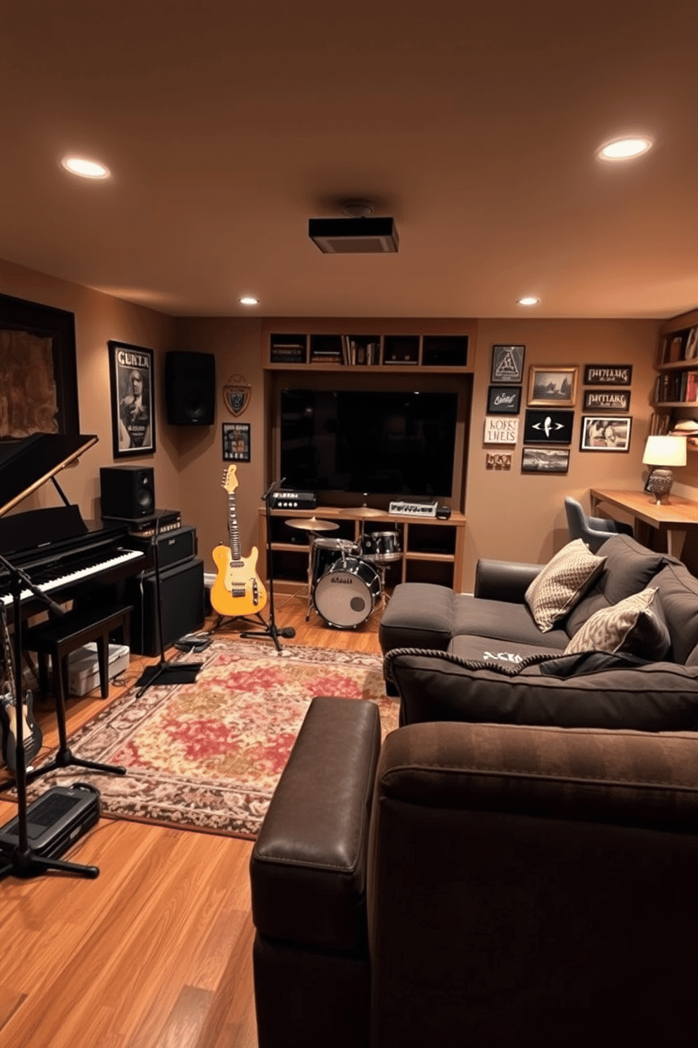 A cozy music corner featuring an array of instruments, including a grand piano, electric guitar, and a set of drums, all arranged around a plush, vintage rug. Stylish speakers are strategically placed to enhance the acoustics, while warm lighting creates an inviting atmosphere for jam sessions. A stylish basement man cave designed for relaxation and entertainment, showcasing a large sectional sofa facing a big-screen TV. The space is adorned with a bar area complete with high stools, and walls decorated with memorabilia, creating a personalized retreat for movie nights and gatherings.