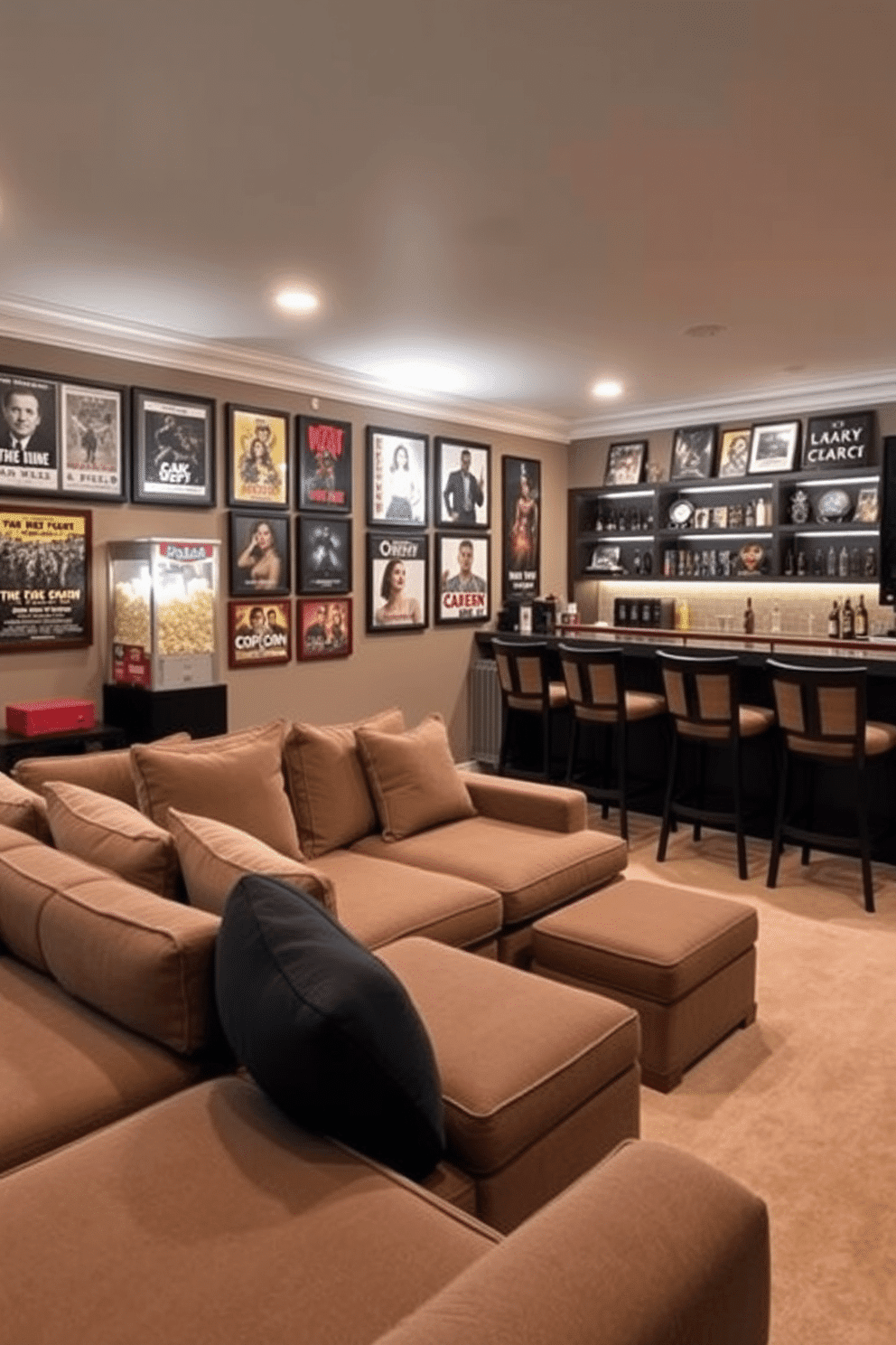 A stylish basement man cave designed around classic movie themes. The space features a large sectional sofa with plush cushions, a vintage popcorn machine, and a wall adorned with framed movie posters. A custom bar area boasts high stools and shelves stocked with memorabilia from iconic films. Soft, ambient lighting enhances the cozy atmosphere, while a large screen is mounted for movie marathons.