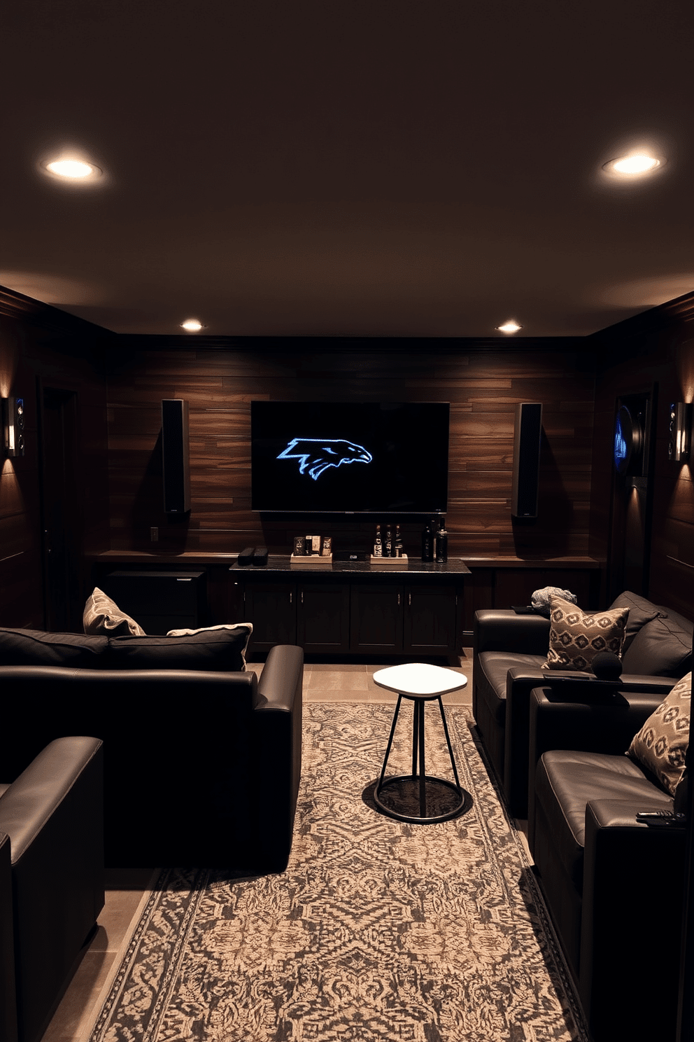 A cozy basement man cave featuring a wall-mounted TV as the focal point, surrounded by plush seating for optimal viewing. The space is enhanced with surround sound speakers strategically placed for an immersive audio experience, complemented by dimmable lighting to set the perfect mood. The walls are adorned with dark wood paneling, creating a warm and inviting atmosphere, while a stylish area rug adds comfort underfoot. A mini bar with sleek stools is tucked into one corner, stocked with drinks and snacks for entertaining friends during game nights.