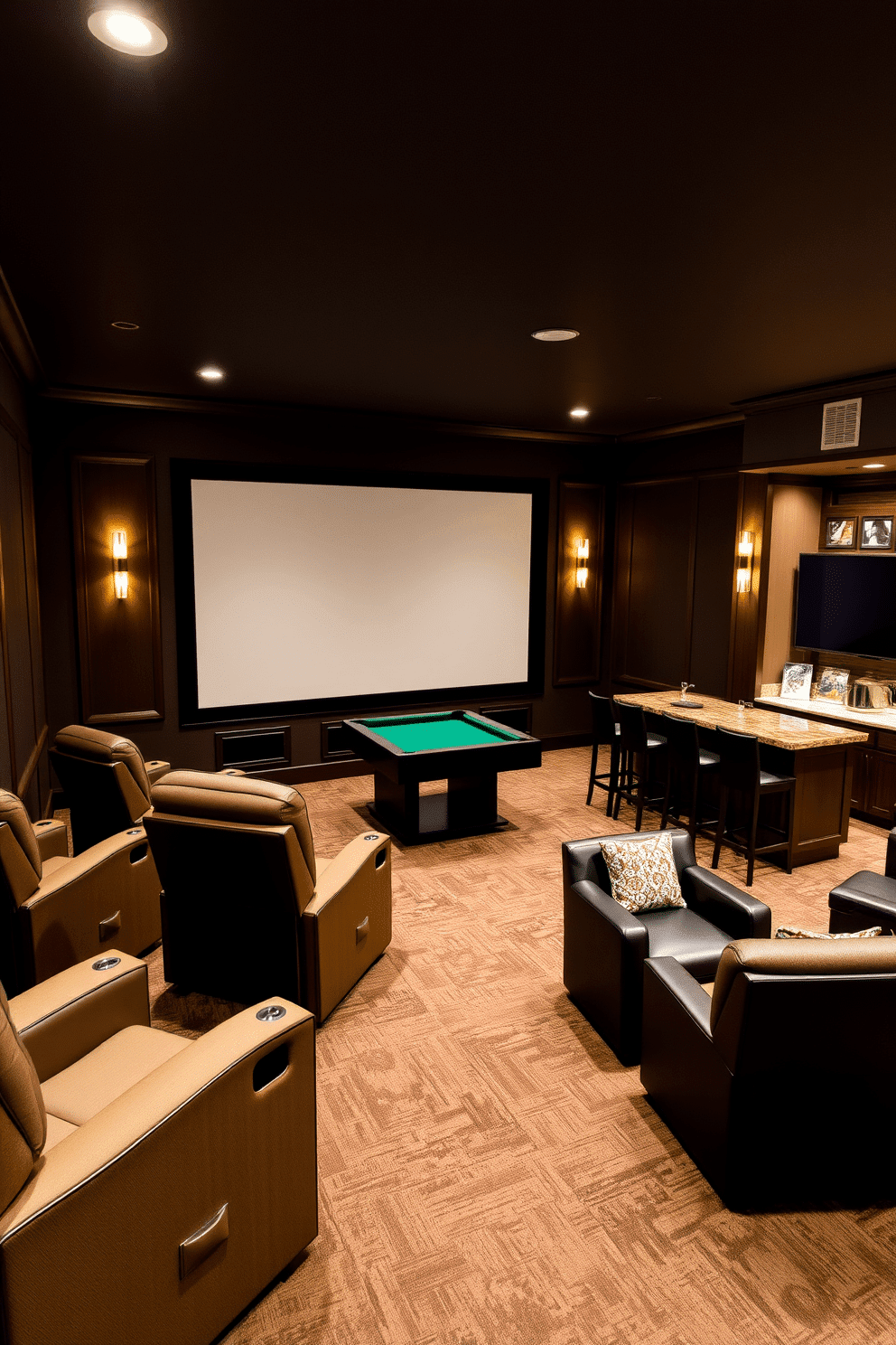 A luxurious home theater featuring plush recliner seating arranged for optimal viewing. The walls are adorned with dark acoustic panels, and a large screen is framed by stylish sconces that provide ambient lighting. The basement man cave is designed for relaxation and entertainment, showcasing a custom bar with high-top stools. A billiards table occupies the center of the room, surrounded by comfortable lounge chairs and a wall-mounted flat-screen TV.