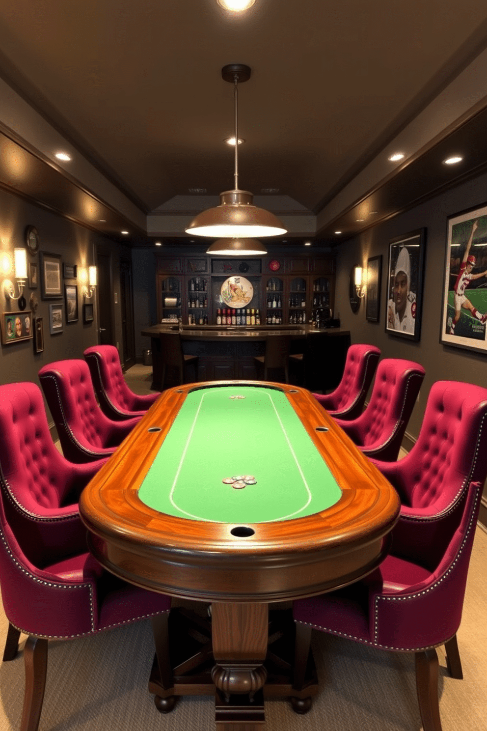 A stylish poker table is the centerpiece of the room, crafted from rich mahogany with a green felt surface. Surrounding the table are plush, high-backed chairs in deep burgundy upholstery, creating an inviting atmosphere for game nights. The walls of the basement man cave are adorned with vintage sports memorabilia and framed posters, enhancing the playful vibe. Ambient lighting fixtures cast a warm glow, while a sleek bar area stocked with various beverages adds to the entertainment experience.