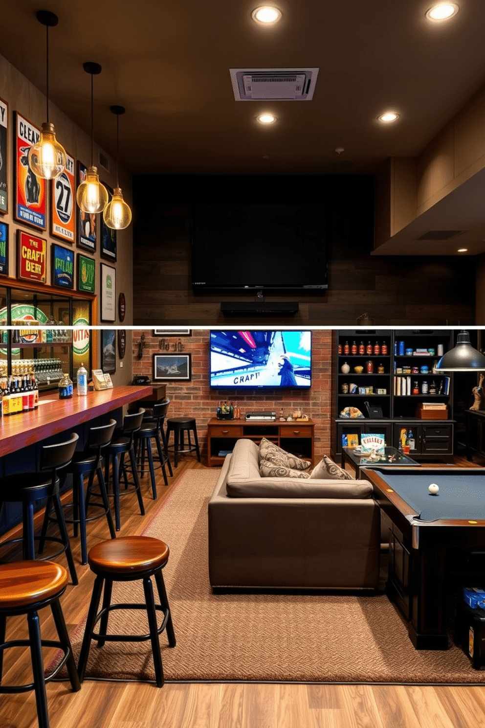 A stylish craft beer tasting area featuring a rustic wooden bar with high stools and a selection of craft beers displayed behind glass shelves. The walls are adorned with vintage beer posters, and warm pendant lights hang from the ceiling, creating an inviting ambiance. A cozy basement man cave designed for relaxation and entertainment, showcasing a large sectional sofa facing a wall-mounted flat-screen TV. The space is accented with a pool table, dimmable recessed lighting, and shelves filled with memorabilia and games, providing a perfect retreat for gatherings.