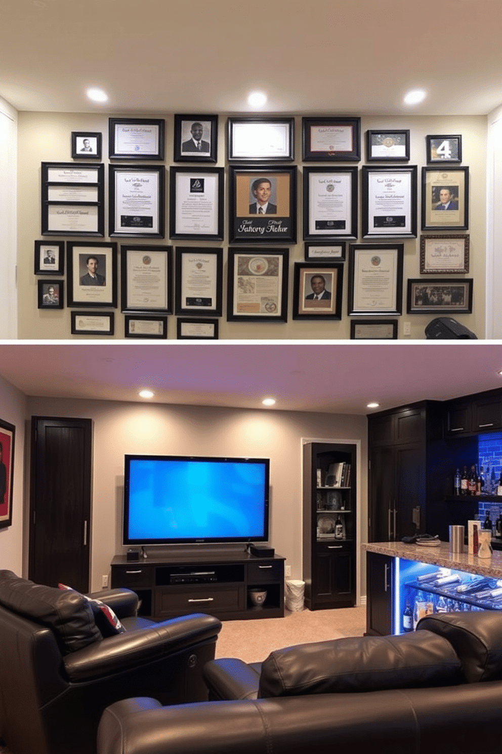 A stylish wall of fame showcasing personal achievements. The display features framed certificates and awards arranged in an eye-catching gallery style, complemented by soft LED lighting that highlights each piece. An inviting basement man cave designed for relaxation and entertainment. Plush leather seating surrounds a large screen television, while a custom bar area stocked with beverages and snacks adds a touch of luxury to the space.