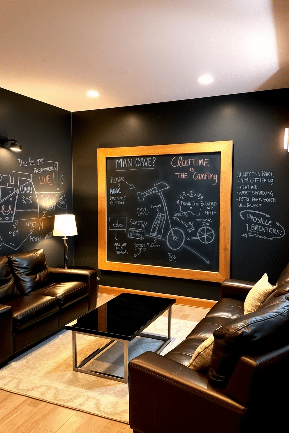 A chalkboard wall stands prominently in the corner of a cozy basement man cave, inviting creativity and spontaneity. The wall is framed with reclaimed wood, adding warmth and character to the space, while colorful chalk drawings and notes bring life to the room. The man cave features plush leather seating arranged around a sleek coffee table, perfect for entertaining friends. Ambient lighting from stylish floor lamps and wall sconces creates a relaxed atmosphere, making it an ideal spot for movie nights or game day gatherings.