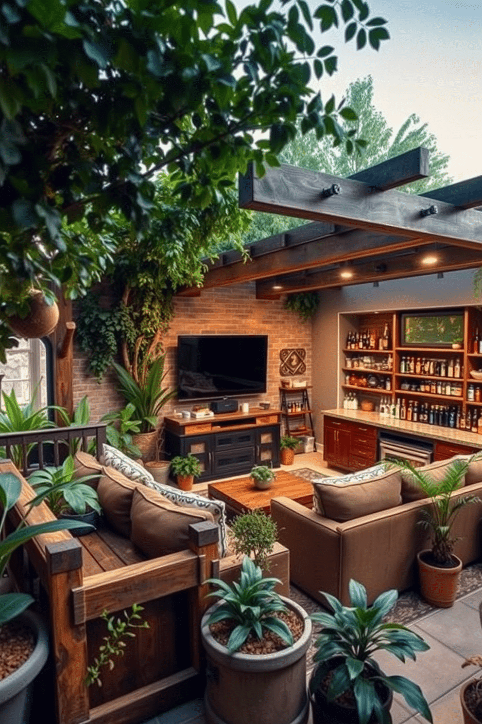 A serene outdoor-themed decor setting. Lush greenery fills the space with various potted plants, while a rustic wooden bench invites relaxation under a shaded pergola. A cozy basement man cave designed for entertainment. The room features a large sectional sofa facing a big-screen TV, with a bar area stocked with beverages and adorned with sports memorabilia.