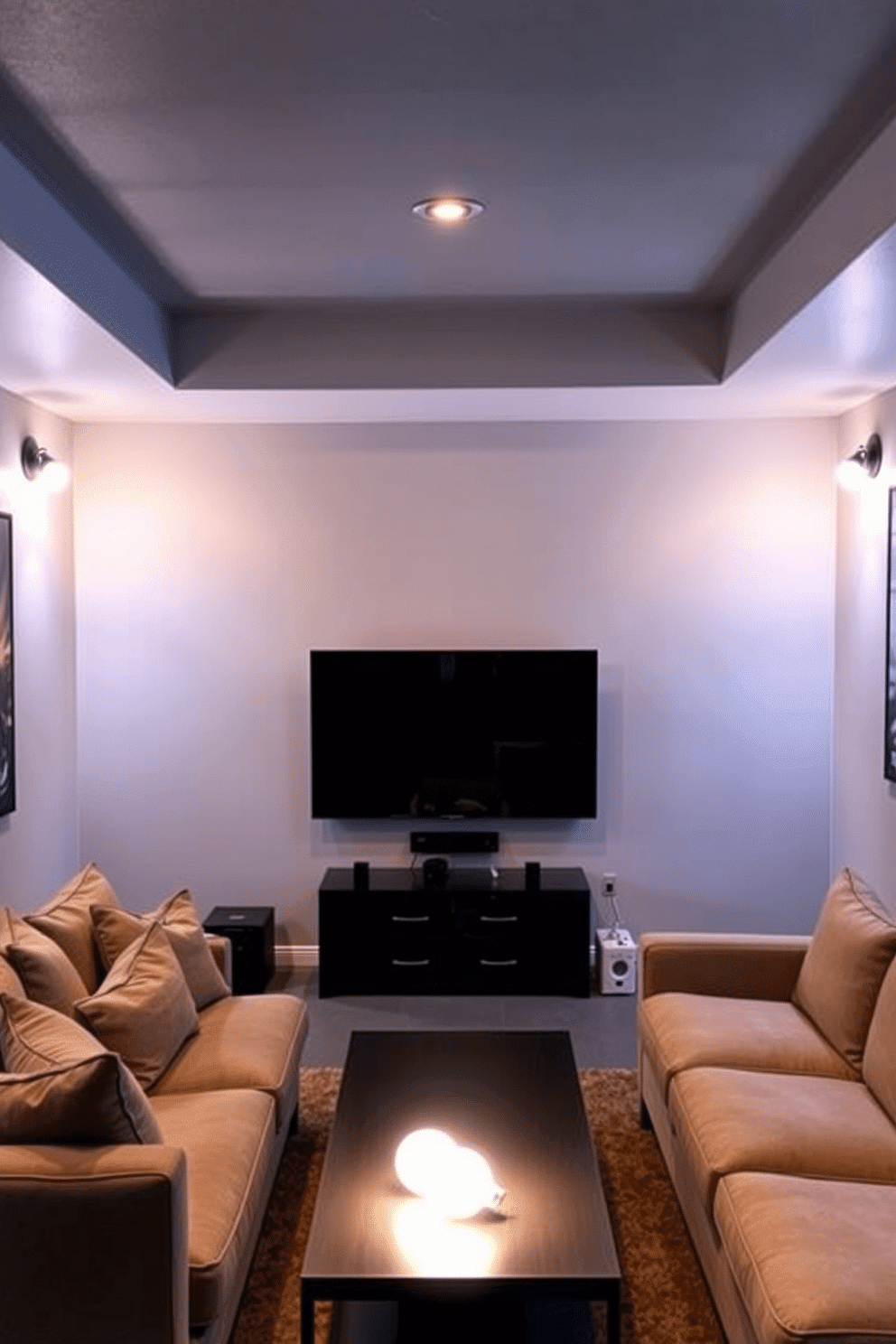 A cozy basement man cave featuring mood lighting with smart bulbs that can be adjusted to create the perfect ambiance for relaxation or entertainment. The space includes a plush sectional sofa, a large flat-screen TV mounted on the wall, and a sleek coffee table, all illuminated by soft, warm light from strategically placed smart bulbs.