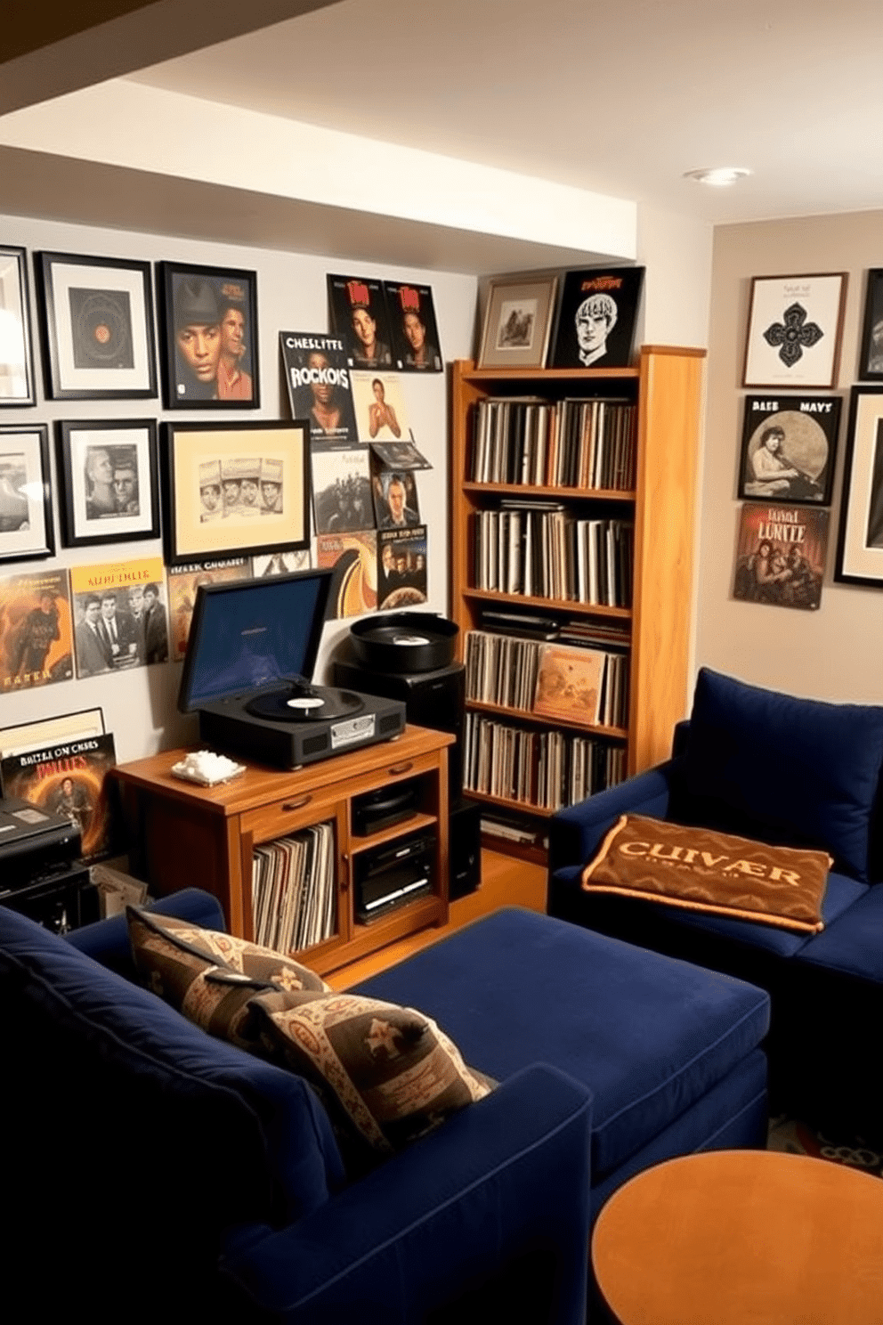 A cozy basement man cave features a vintage record player set on a rustic wooden console, surrounded by an impressive vinyl collection displayed on open shelving. The walls are adorned with framed album covers, and a plush sectional sofa in deep blue invites relaxation, complemented by a patterned area rug that adds warmth to the space.