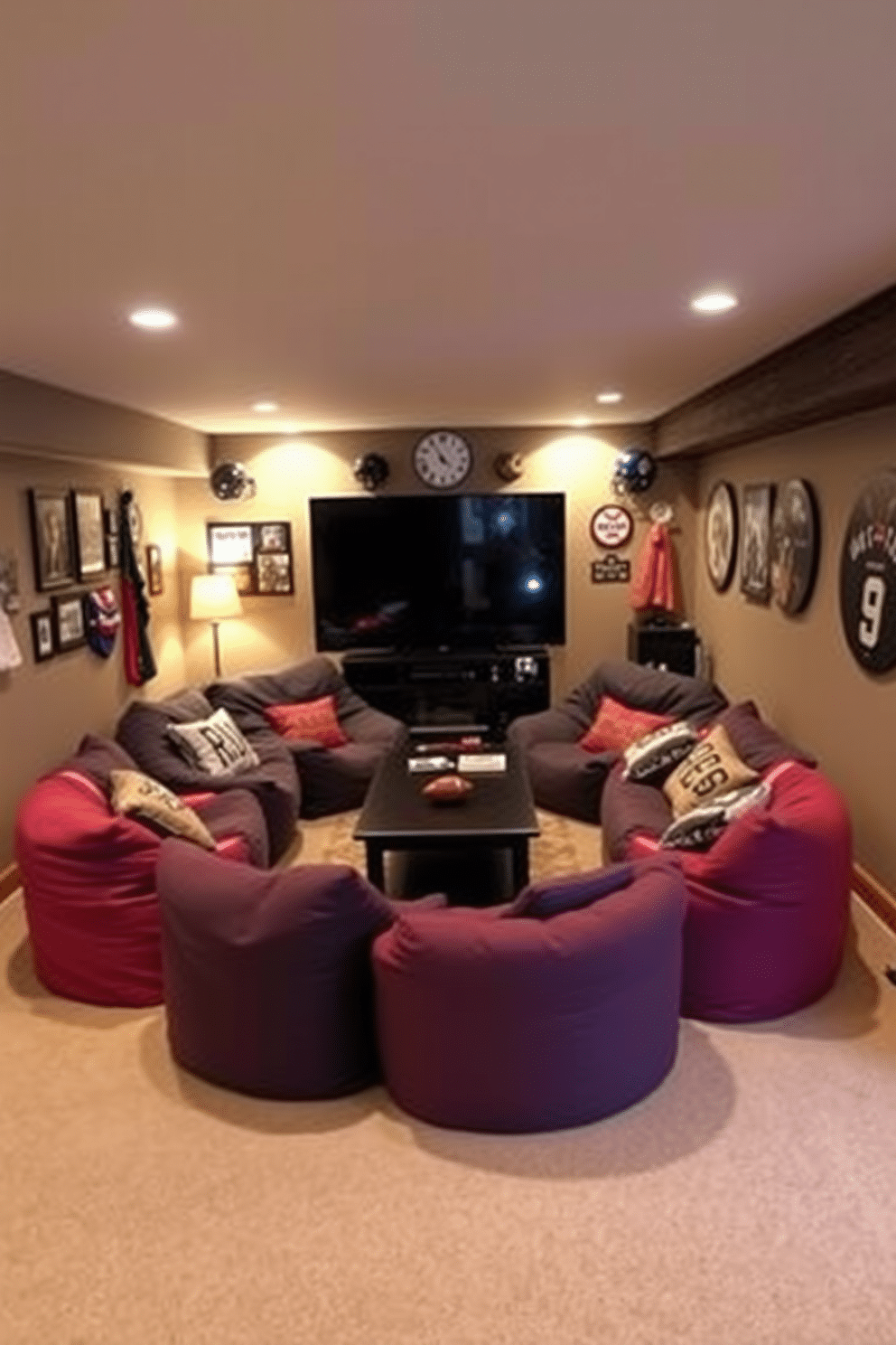 A cozy basement man cave featuring comfortable bean bags arranged in a semi-circle around a low coffee table. The walls are adorned with sports memorabilia, and soft, ambient lighting creates a relaxed atmosphere perfect for entertaining friends.