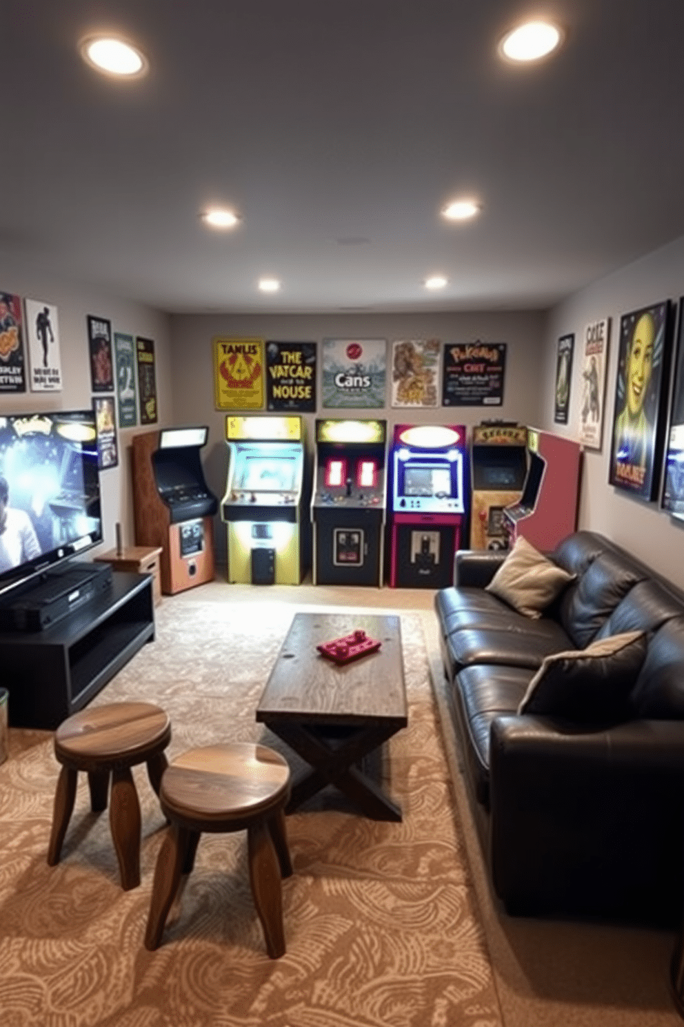 A cozy basement man cave featuring a vintage arcade games corner. The walls are adorned with retro posters, and a plush sectional couch in dark leather faces a large screen for gaming. In the corner, a collection of classic arcade machines stands proudly, illuminated by soft LED lights. A rustic wooden coffee table sits in front of the couch, surrounded by a few vintage stools for additional seating.