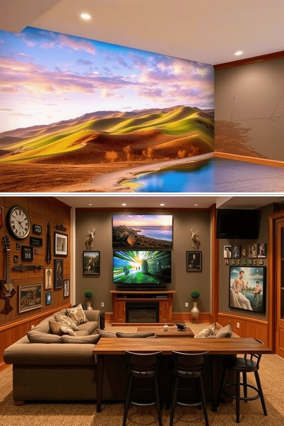 A stunning wall mural depicts a serene landscape of rolling hills and a tranquil lake, bringing a sense of nature indoors. The mural features vibrant colors that create a peaceful ambiance, complemented by soft, ambient lighting. For the basement man cave, envision a cozy space with a plush sectional sofa facing a large flat-screen TV mounted on an accent wall. The room is adorned with sports memorabilia, a rustic bar area with high stools, and warm wood finishes that enhance the inviting atmosphere.