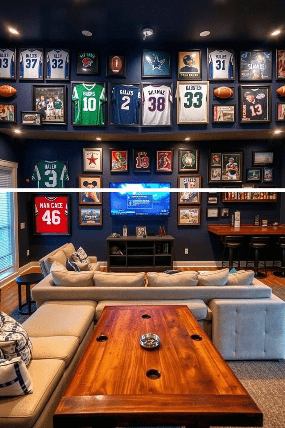 A dynamic sports memorabilia wall display featuring framed jerseys, signed footballs, and vintage baseball cards arranged in a visually appealing layout. The wall is painted a deep navy blue to enhance the memorabilia, with spotlights highlighting key pieces for an eye-catching effect. A cozy basement man cave designed for relaxation and entertainment, featuring a large sectional sofa with plush cushions facing a big-screen TV. The space includes a bar area with high stools, a rustic wooden table for games, and warm ambient lighting to create an inviting atmosphere.