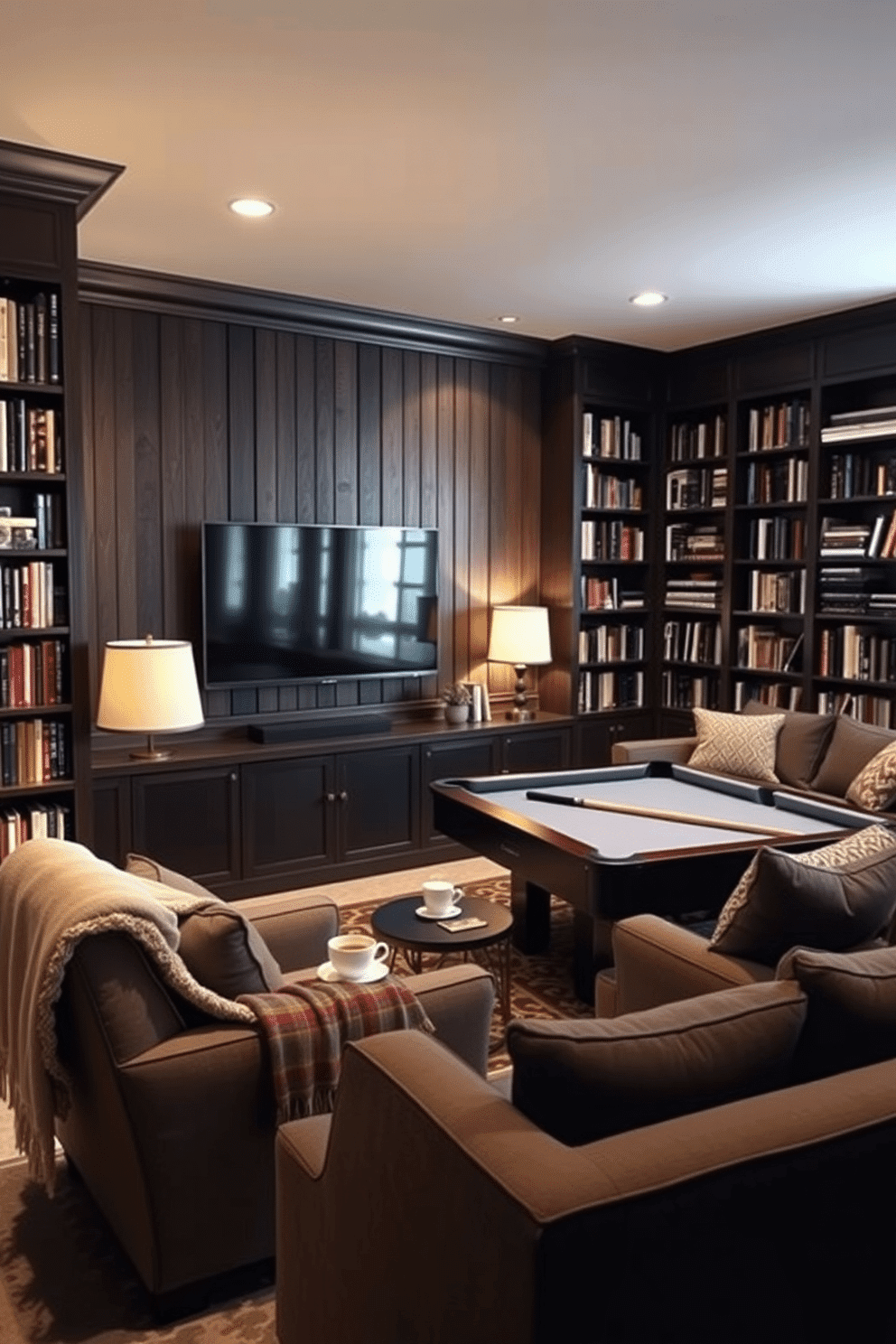 Cozy reading nook with bookshelves. A plush armchair is nestled in the corner, surrounded by tall bookshelves filled with an eclectic collection of books. Soft, warm lighting from a nearby floor lamp creates an inviting atmosphere, while a small side table holds a steaming cup of tea and a cozy blanket draped over the armrest. Basement Man Cave Design Ideas. The space features a large sectional sofa facing a wall-mounted flat-screen TV, perfect for movie nights. Dark wood paneling adds a rustic charm, while a pool table in the center of the room invites friendly competition among friends.