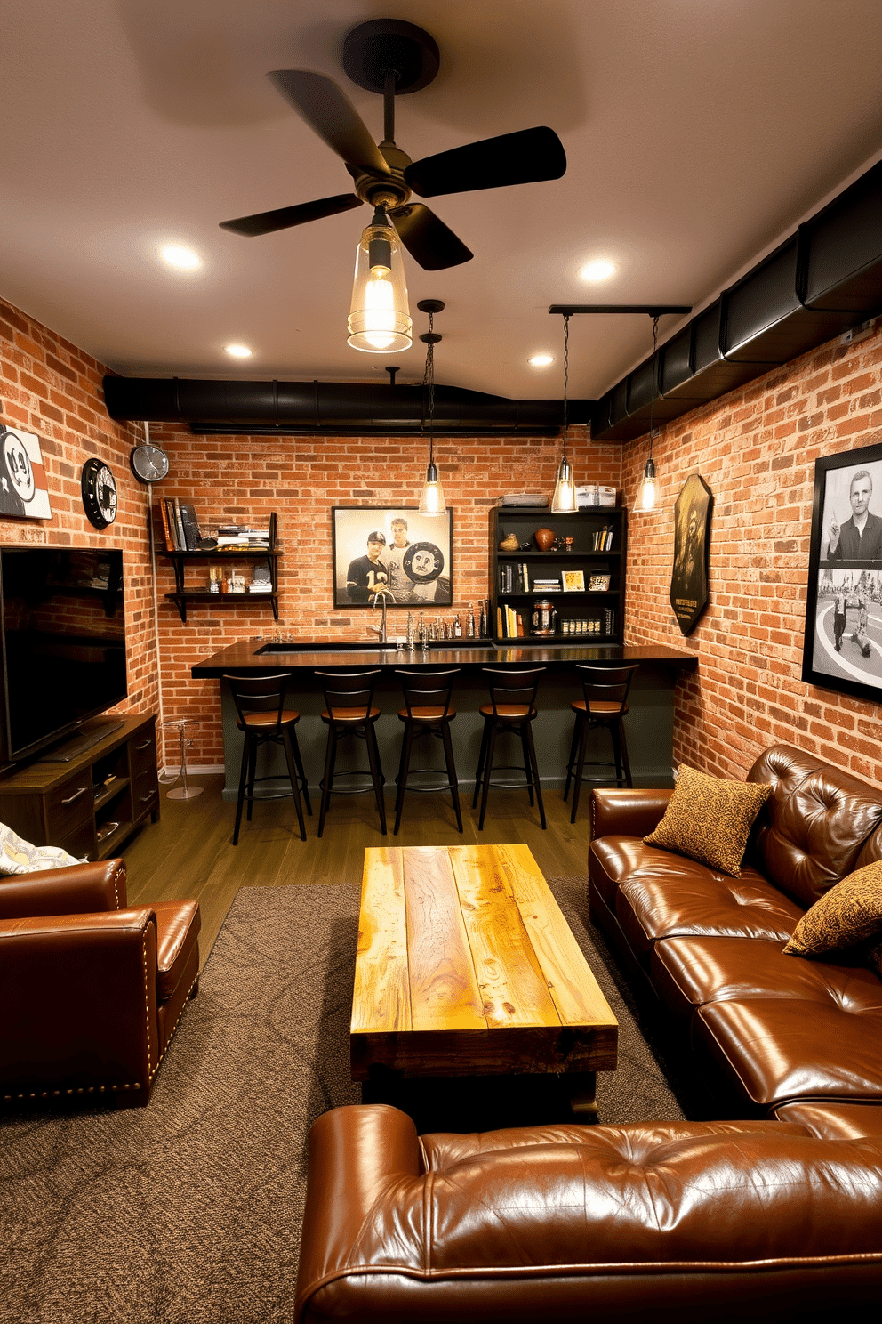 A stylish basement man cave featuring industrial-style exposed brick walls. The space is furnished with a plush leather sectional sofa and a reclaimed wood coffee table, creating a cozy yet modern atmosphere. In one corner, a sleek bar area with high stools complements the industrial theme, adorned with vintage pendant lights. A large flat-screen TV is mounted on the wall, surrounded by shelves displaying sports memorabilia and books.