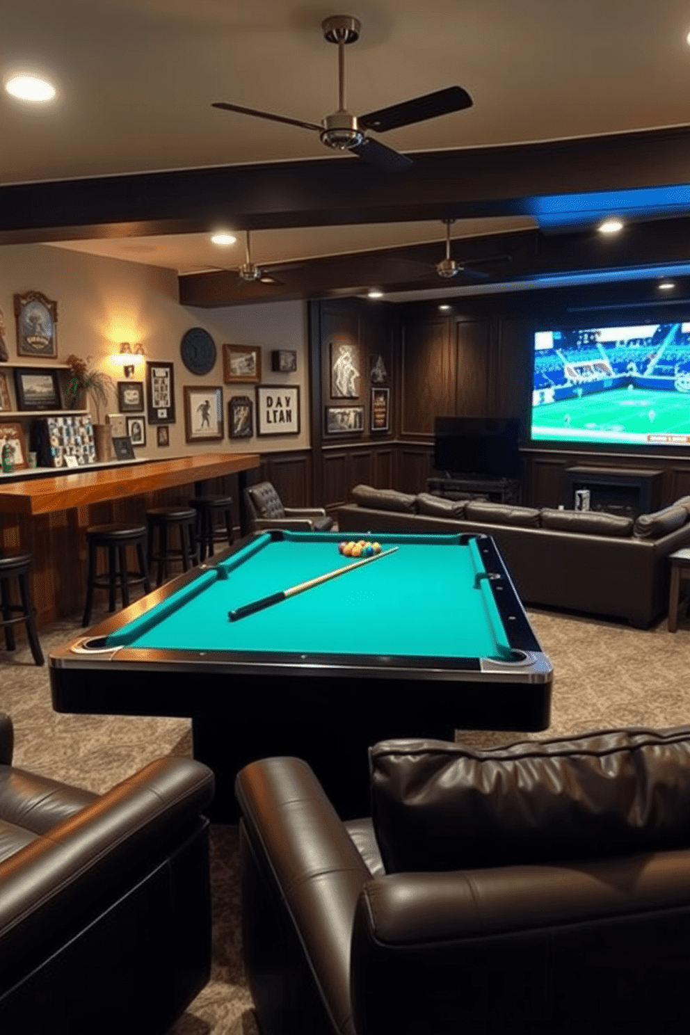 A stylish game room featuring a sleek pool table at the center, surrounded by comfortable leather seating and a rustic wooden bar. The walls are adorned with vintage sports memorabilia, and ambient lighting creates a warm, inviting atmosphere. In the basement man cave, plush sectional sofas face a large flat-screen TV, perfect for watching games. Dark wood paneling adds a cozy feel, while a mini-fridge stocked with drinks and snacks completes the ultimate entertainment space.