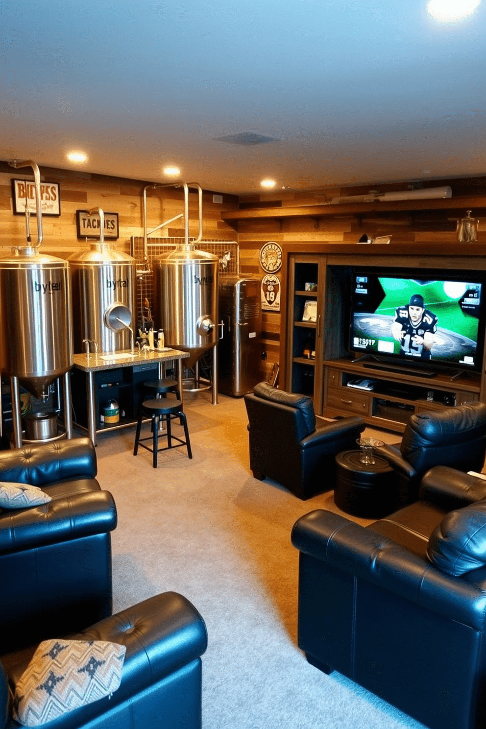 A personal brewery setting featuring sleek stainless steel brewing equipment, including a large fermentation tank and a countertop with various brewing tools. The walls are adorned with reclaimed wood accents, and a rustic bar area with high stools invites friends to gather. In the basement man cave, plush leather seating surrounds a custom-built entertainment center equipped with a large flat-screen TV. The space is illuminated by soft, ambient lighting, and sports memorabilia decorates the walls, creating a cozy yet vibrant atmosphere.