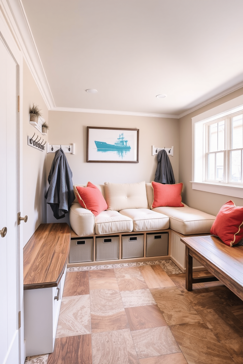 Cozy seating area with storage bins. Imagine a warm, inviting space featuring a plush, oversized sectional sofa in soft, neutral tones, accented with vibrant throw pillows. Nestled against the wall, built-in storage bins offer a practical solution for organizing blankets and games, seamlessly blending functionality with style. Basement Mudroom Design Ideas. Envision a well-lit mudroom with a combination of rustic wooden benches and sleek, modern hooks for coats and bags. The floor is adorned with durable, patterned tiles that are both stylish and easy to clean, while a large window allows natural light to brighten the space.