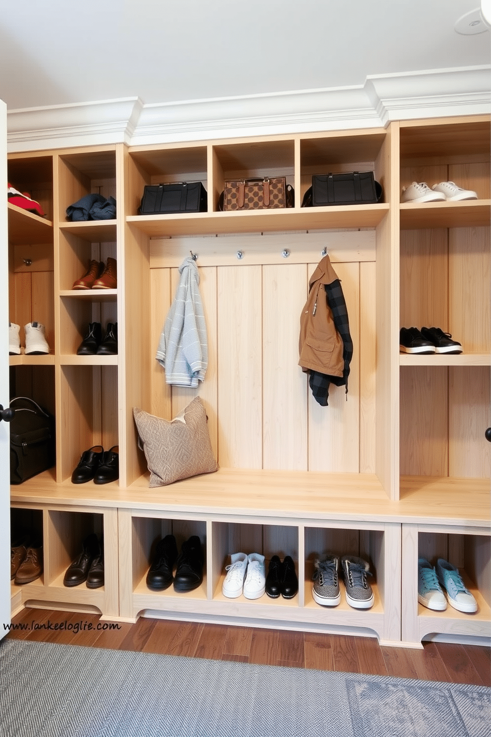 A functional mudroom featuring cubbies designed for shoes and outdoor gear. The space includes a built-in bench with storage underneath, surrounded by organized cubbies in a light wood finish, perfect for keeping the area tidy.