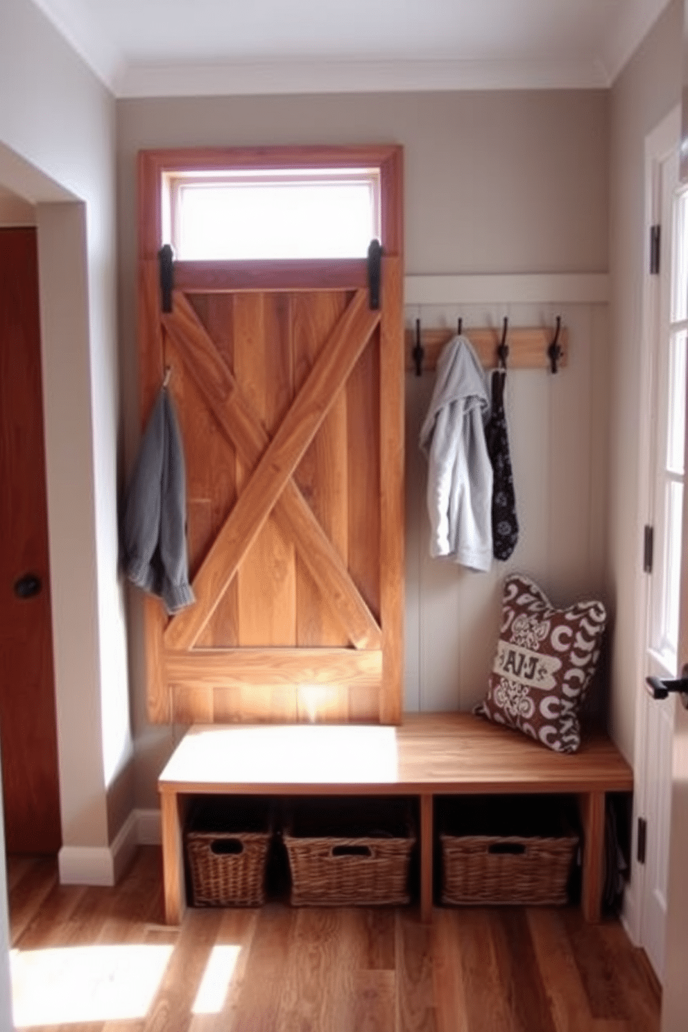 A cozy mudroom featuring a sliding barn door made of reclaimed wood, adding rustic charm to the space. The room is adorned with built-in benches and hooks for coats, while natural light filters in through a nearby window, illuminating the warm wood tones. The flooring consists of durable tile that mimics the look of weathered wood, providing both style and practicality. Decorative baskets are neatly arranged under the bench, offering storage for shoes and outdoor gear, enhancing the room's functionality.