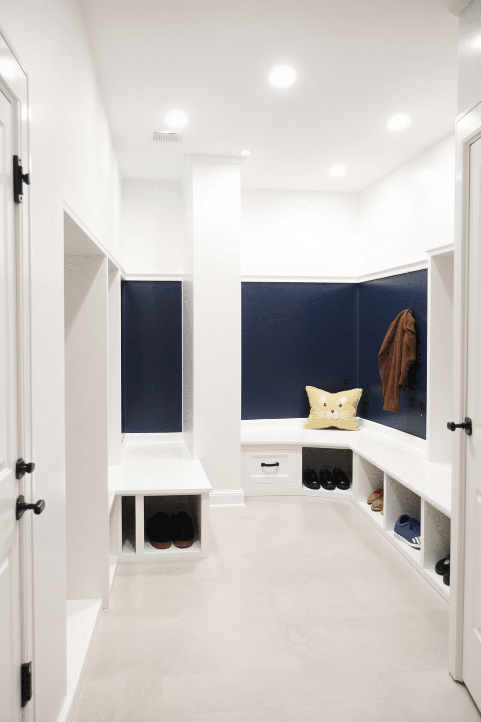 A spacious basement mudroom designed for functionality and style. The area features bright, recessed lighting that illuminates the space, highlighting the sleek, built-in storage benches and cubbies for shoes and outdoor gear. The walls are painted in a crisp white, complemented by a bold accent wall in a deep navy blue. Durable, waterproof flooring in a light gray tone adds a modern touch while ensuring easy maintenance.