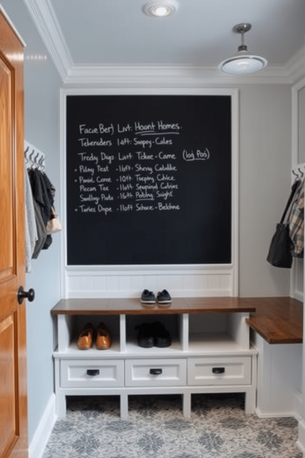 A functional mudroom features a large chalkboard wall, perfect for jotting down reminders and family schedules. The space includes built-in benches with storage underneath, complemented by hooks for hanging coats and bags. The flooring is durable and easy to clean, with a stylish patterned tile that adds visual interest. Soft lighting fixtures illuminate the area, creating a welcoming atmosphere while maintaining practicality.