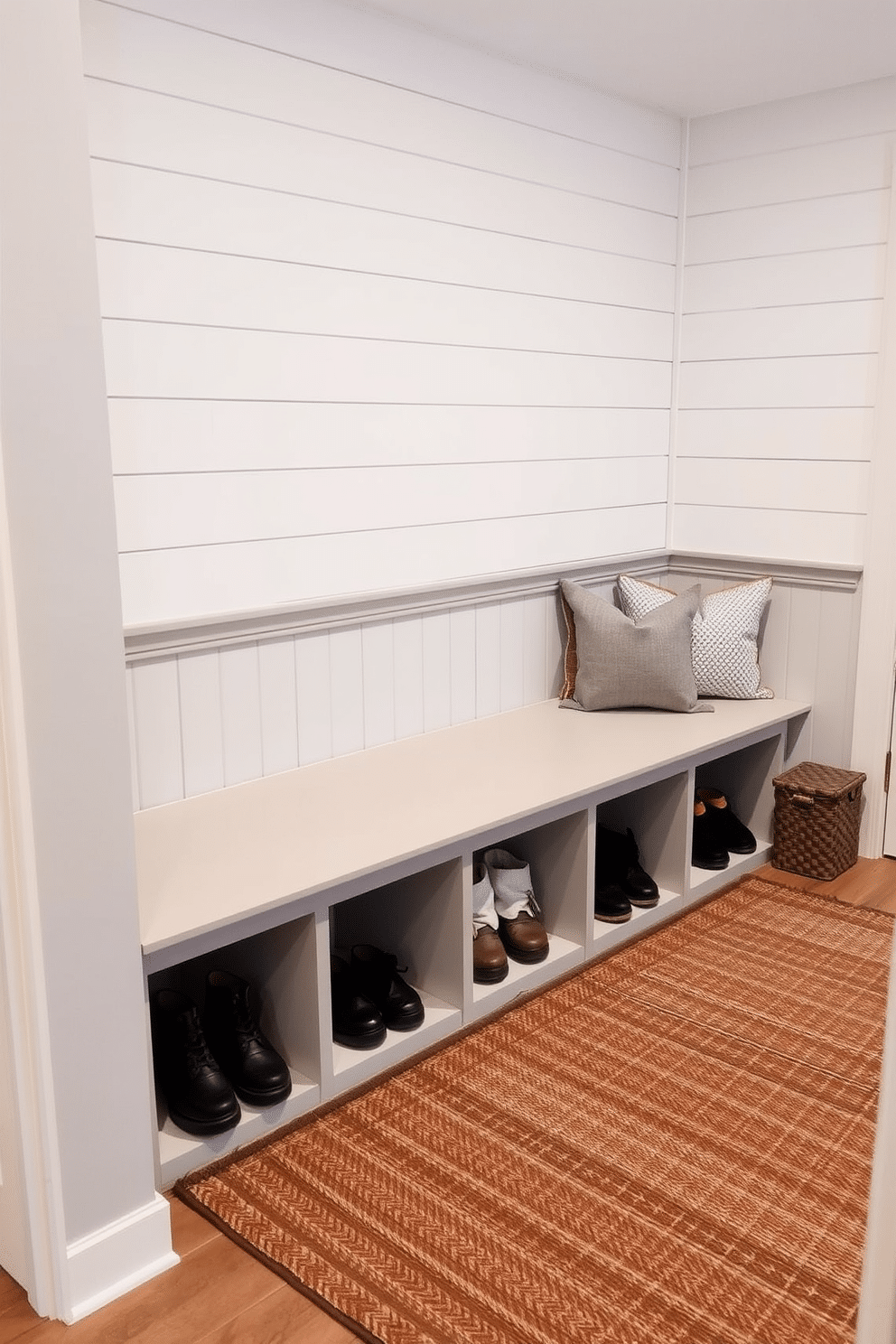 A stylish basement mudroom features a spacious bench with shoe storage drawers built underneath, providing a practical yet elegant solution for keeping footwear organized. The walls are adorned with shiplap in a soft gray hue, while a durable, textured rug lies beneath the bench, adding warmth and comfort to the space.