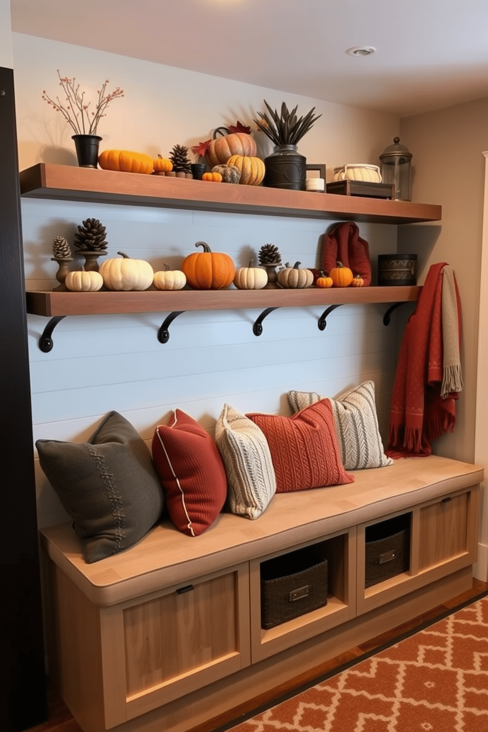 A warm and inviting seasonal decor display on shelves features an assortment of autumn-themed decorations, including small pumpkins, pinecones, and cozy knit throws. The shelves are made of reclaimed wood, creating a rustic backdrop that complements the vibrant colors of the seasonal accents. The basement mudroom design combines functionality with style, showcasing a built-in bench with plush cushions and ample storage for shoes and outerwear. Soft, ambient lighting illuminates the space, while a durable, patterned rug adds a touch of warmth and character to the entryway.