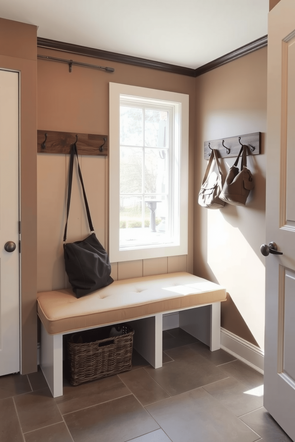 A cozy basement mudroom features a padded bench upholstered in a soft, durable fabric, providing both comfort and style. The walls are painted a warm taupe, complemented by rustic wood accents and a series of hooks for hanging coats and bags. The floor is covered with a durable, water-resistant tile in a neutral gray tone, ensuring easy maintenance. A woven basket sits beneath the bench, perfect for storing shoes and outdoor gear, while a large window allows natural light to brighten the space.