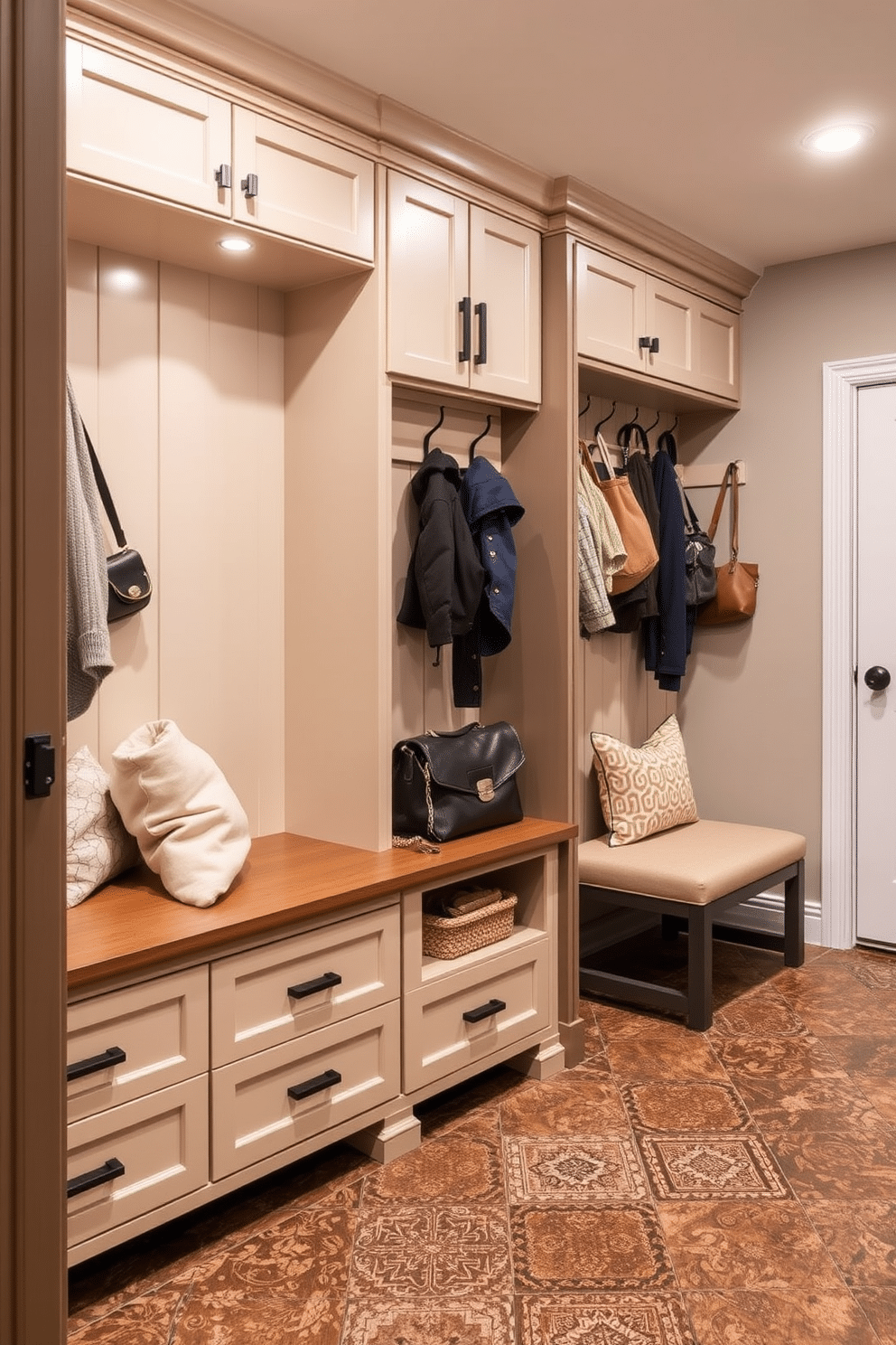 A functional pet area with storage incorporates a stylish built-in bench with soft cushions, creating a cozy spot for pets to relax. Beneath the bench, there are spacious drawers and cubbies for storing pet supplies, toys, and leashes, ensuring a tidy environment. The basement mudroom features durable flooring with a textured finish to withstand mud and moisture, paired with a wall of hooks for hanging coats and bags. A custom cabinetry unit provides ample storage for shoes and outdoor gear, while a small bench offers a convenient seating area for putting on or taking off footwear.