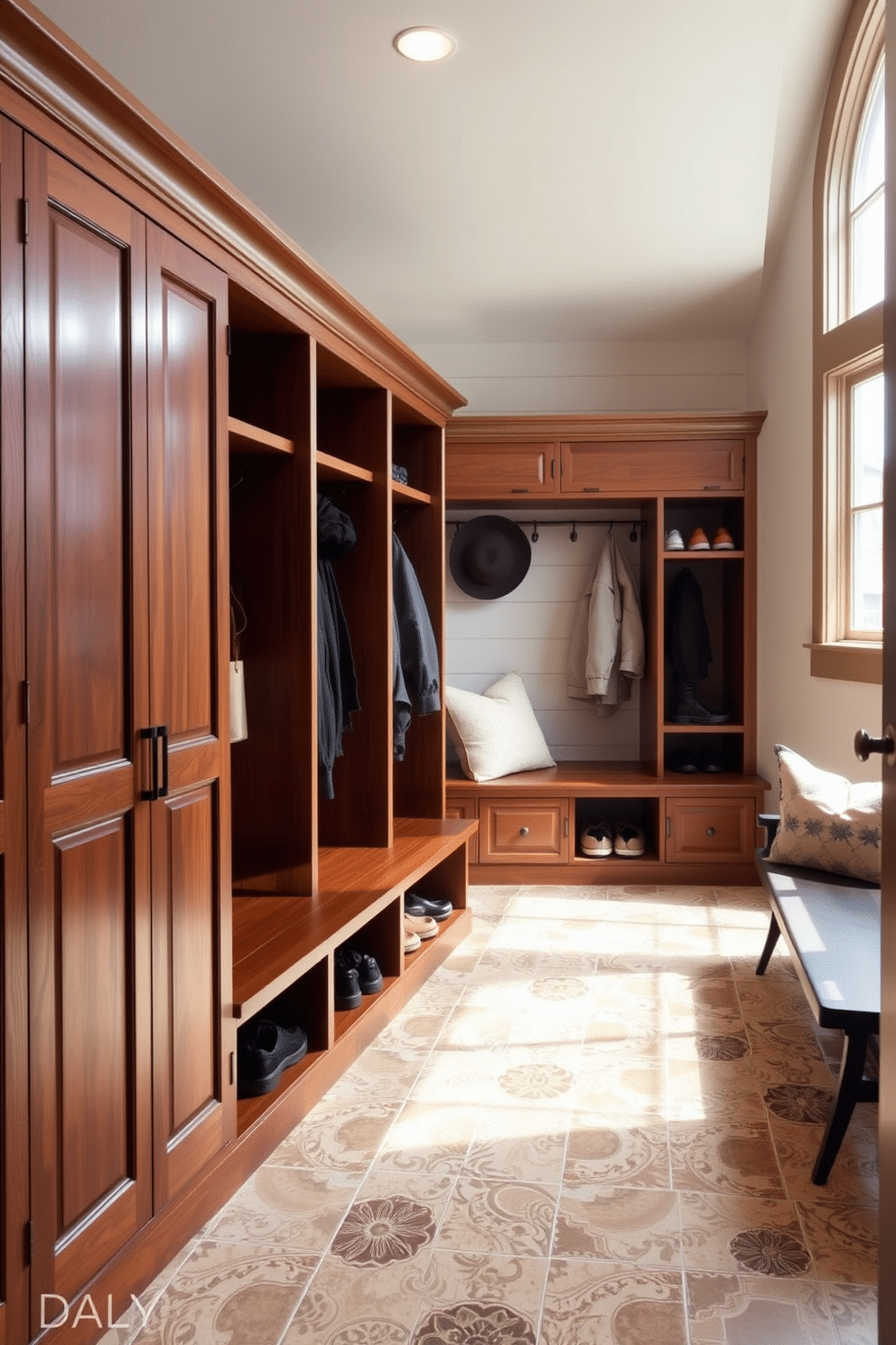 A spacious mudroom features built-in lockers designed for organized storage, each equipped with hooks for coats and shelves for shoes. The lockers are crafted from rich wood, complemented by a light-colored shiplap wall, creating a warm and inviting atmosphere. The floor is adorned with durable, patterned tiles that can withstand heavy foot traffic, while a cozy bench provides a place to sit and remove shoes. Natural light floods the space through a large window, enhancing the overall functionality and aesthetic of the basement mudroom.