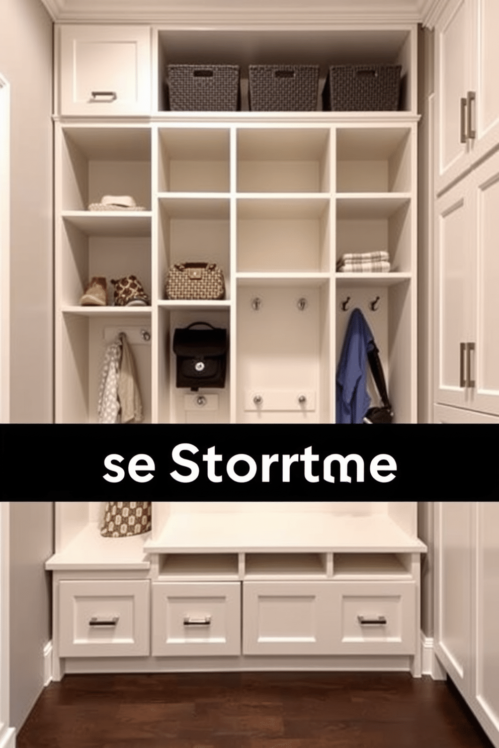 A sleek vertical storage solution designed for small spaces. It features a combination of open shelving and closed cabinets, maximizing storage while maintaining a clean aesthetic. The basement mudroom is designed with practicality in mind, showcasing built-in benches and hooks for easy organization. Light-colored cabinetry contrasts with dark flooring, creating a welcoming yet functional entryway.